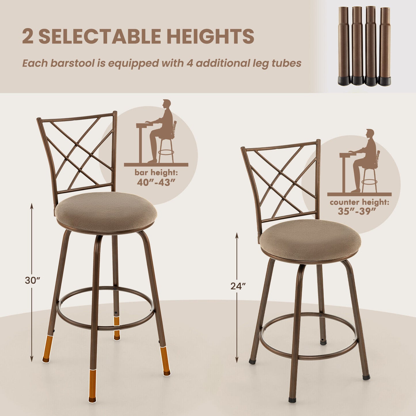 2 Piece Bar Stool Set with 360 Degree Swivel and Plush Upholstered Seats