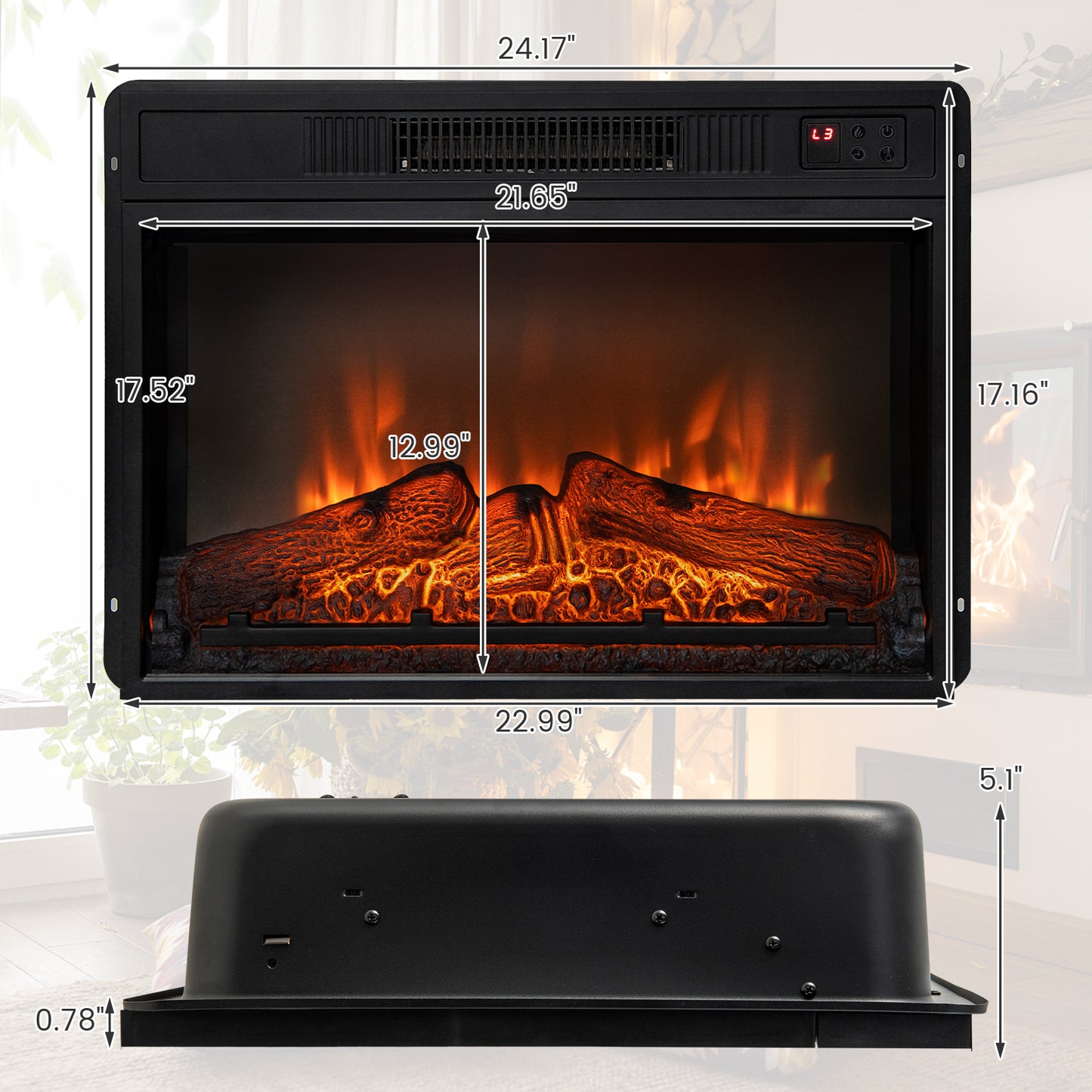 23 Inch Electric Fireplace Insert with Adjustable LED Flame Effects