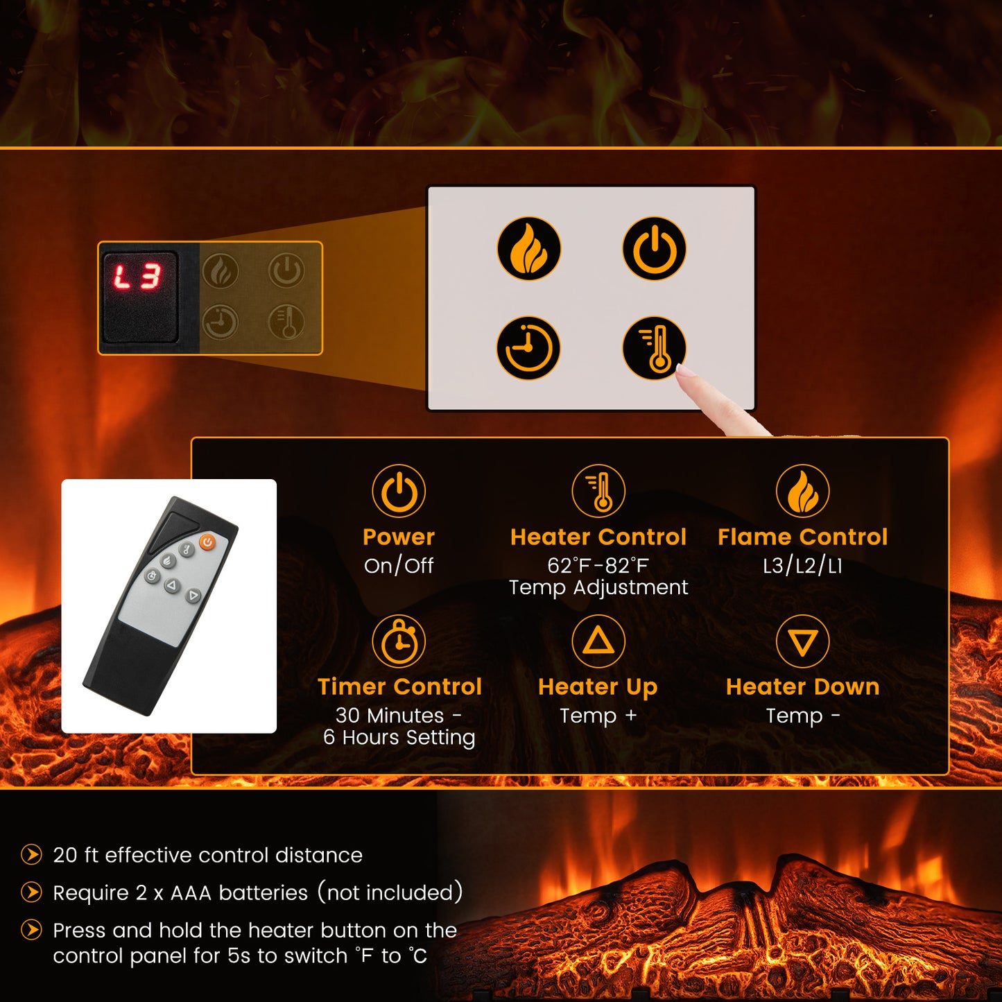 23 Inch Electric Fireplace Insert with Adjustable LED Flame Effects