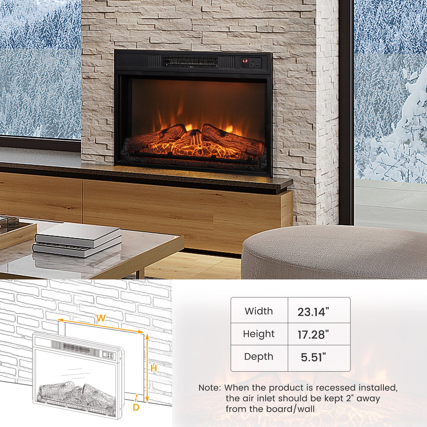 23 Inch Electric Fireplace Insert with Adjustable LED Flame Effects