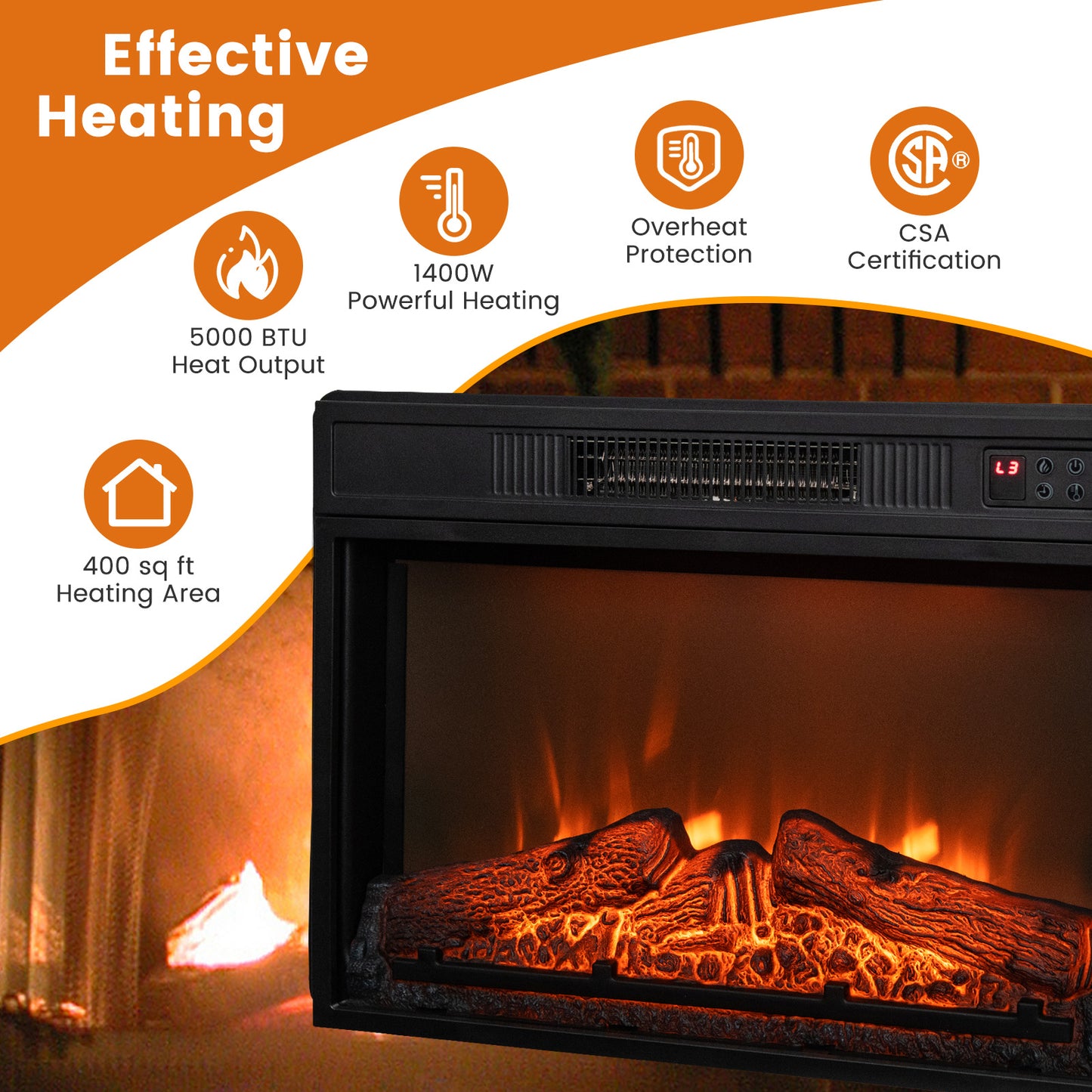 23 Inch Electric Fireplace Insert with Adjustable LED Flame Effects