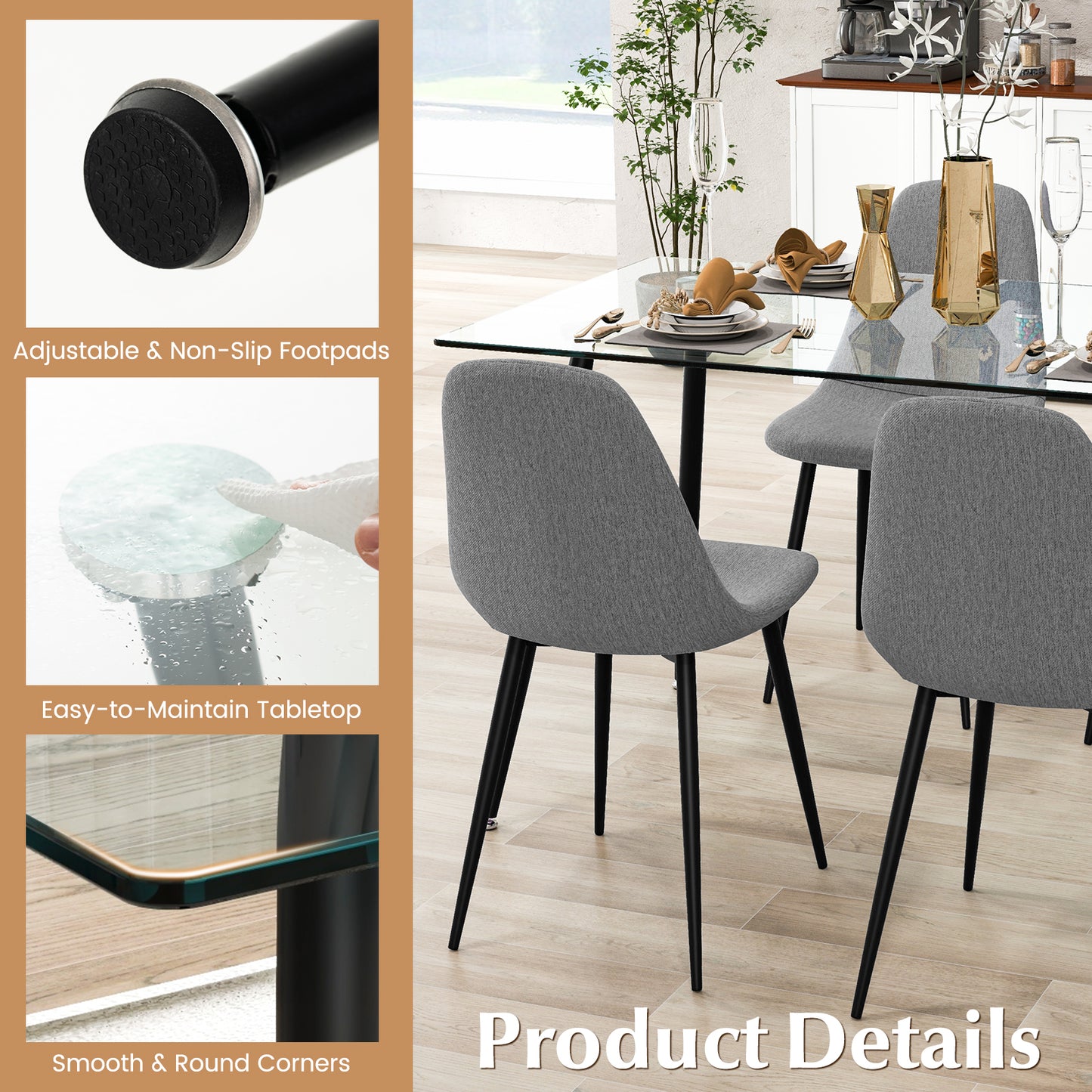 Modern Rectangular Glass Dining Table with Metal Legs for Kitchen or Dining Room - Black