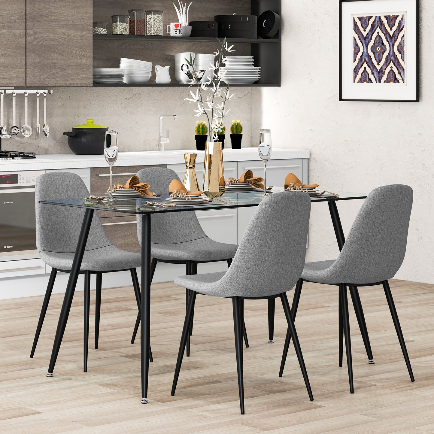 Modern Rectangular Glass Dining Table with Metal Legs for Kitchen or Dining Room - Black