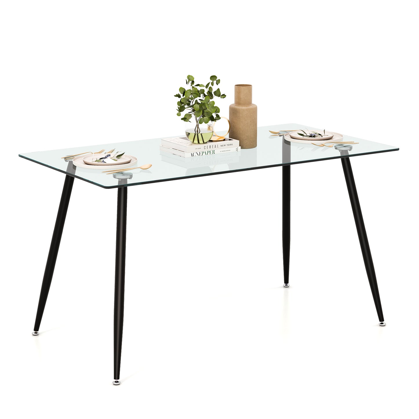 Modern Rectangular Glass Dining Table with Metal Legs for Kitchen or Dining Room - Black