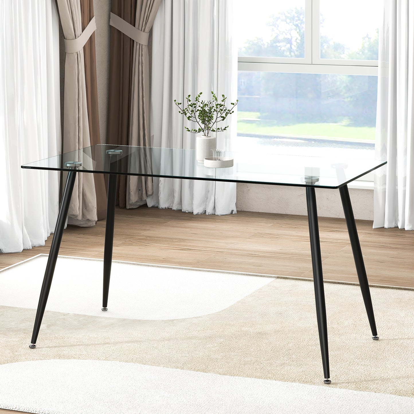 Modern Rectangular Glass Dining Table with Metal Legs for Kitchen or Dining Room - Black