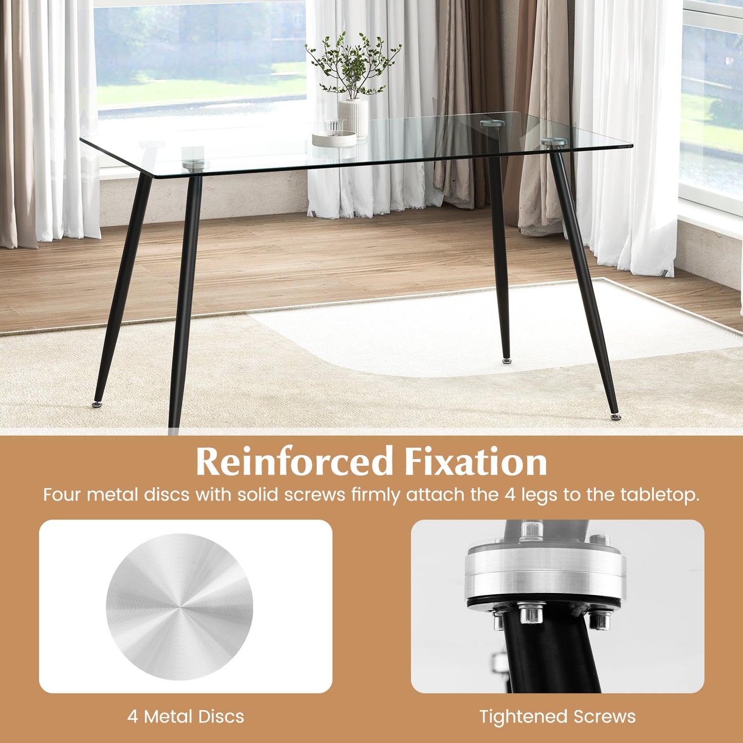 Modern Rectangular Glass Dining Table with Metal Legs for Kitchen or Dining Room - Black