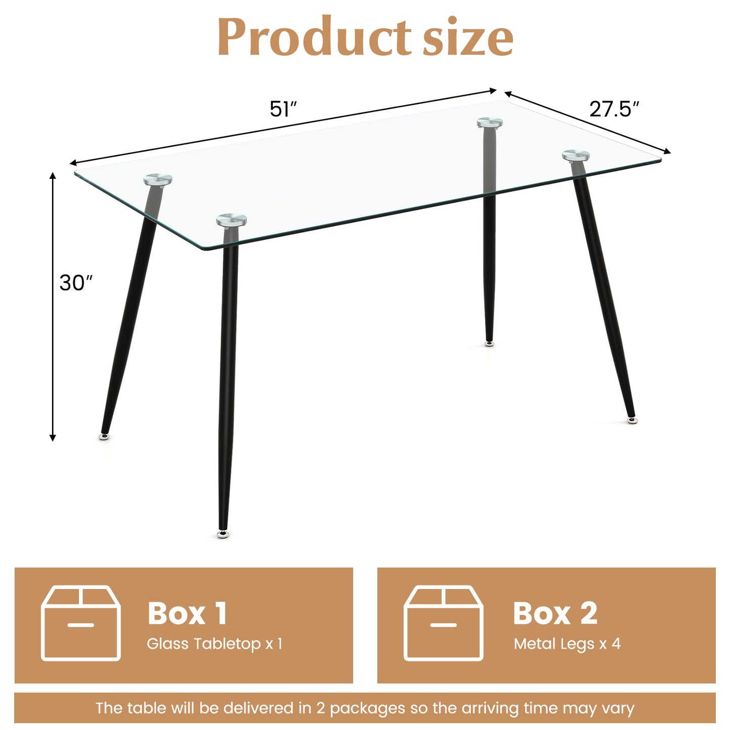 Modern Rectangular Glass Dining Table with Metal Legs for Kitchen or Dining Room - Black