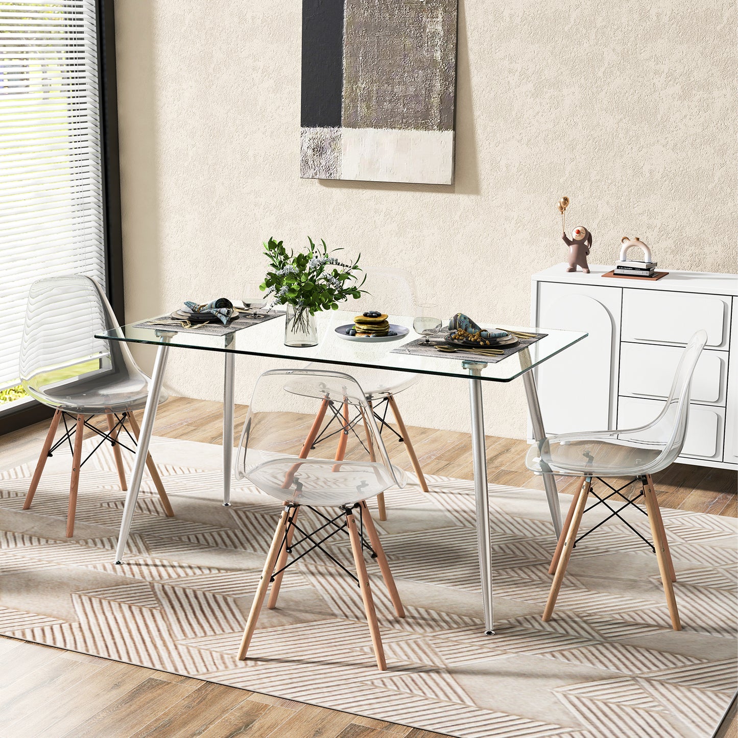 Modern Rectangular Glass Dining Table with Metal Legs for Kitchen or Dining Room - Silver