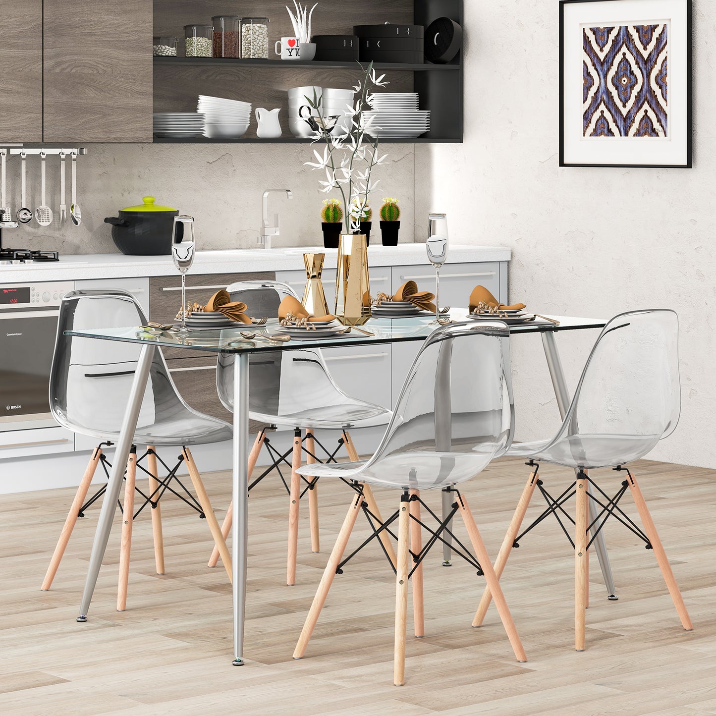 Modern Rectangular Glass Dining Table with Metal Legs for Kitchen or Dining Room - Silver
