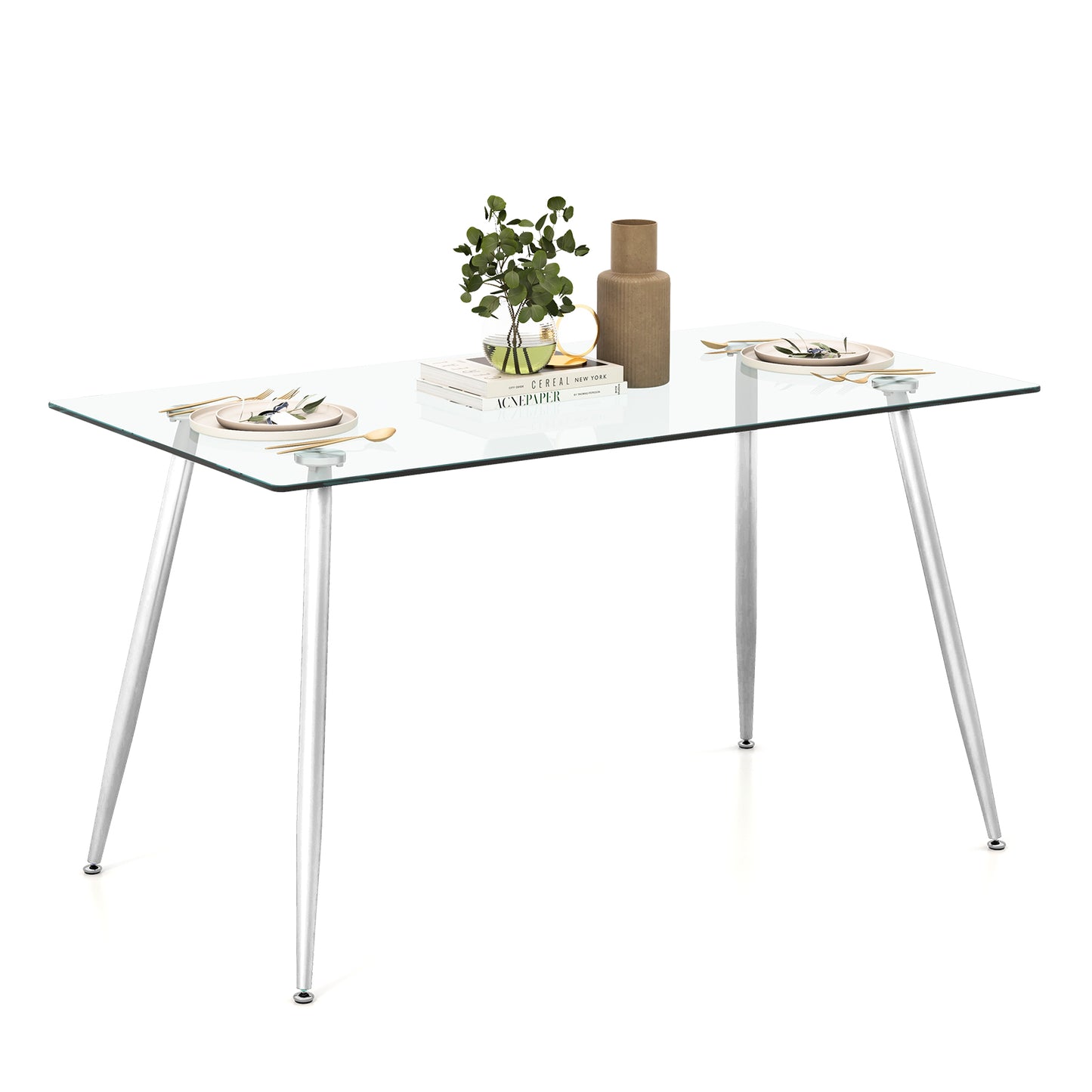 Modern Rectangular Glass Dining Table with Metal Legs for Kitchen or Dining Room - Silver