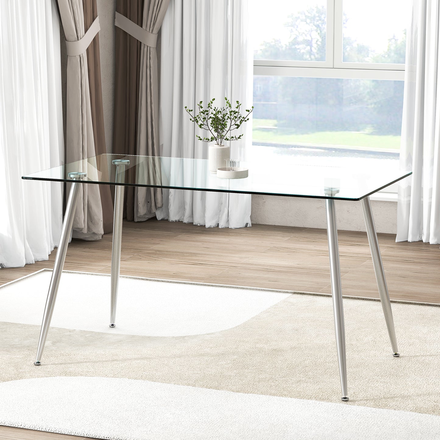 Modern Rectangular Glass Dining Table with Metal Legs for Kitchen or Dining Room - Silver