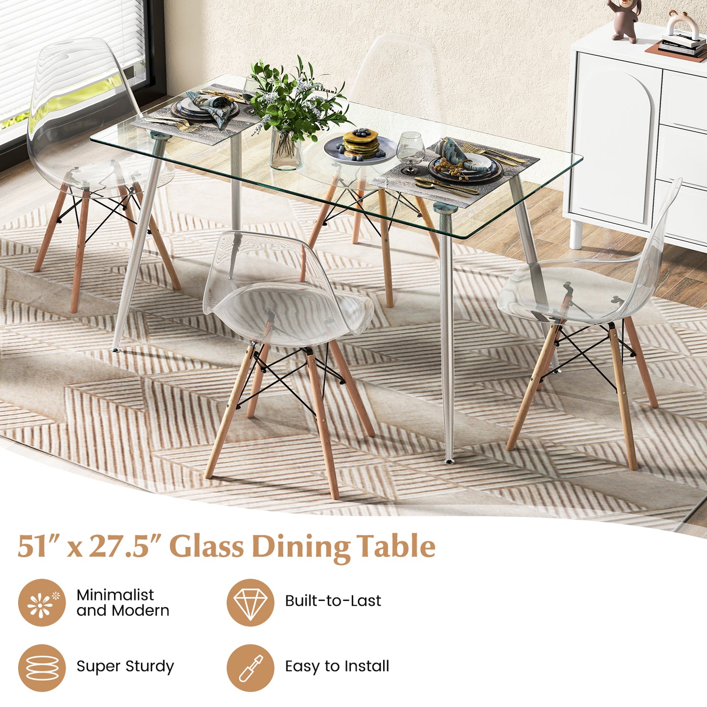 Modern Rectangular Glass Dining Table with Metal Legs for Kitchen or Dining Room - Silver