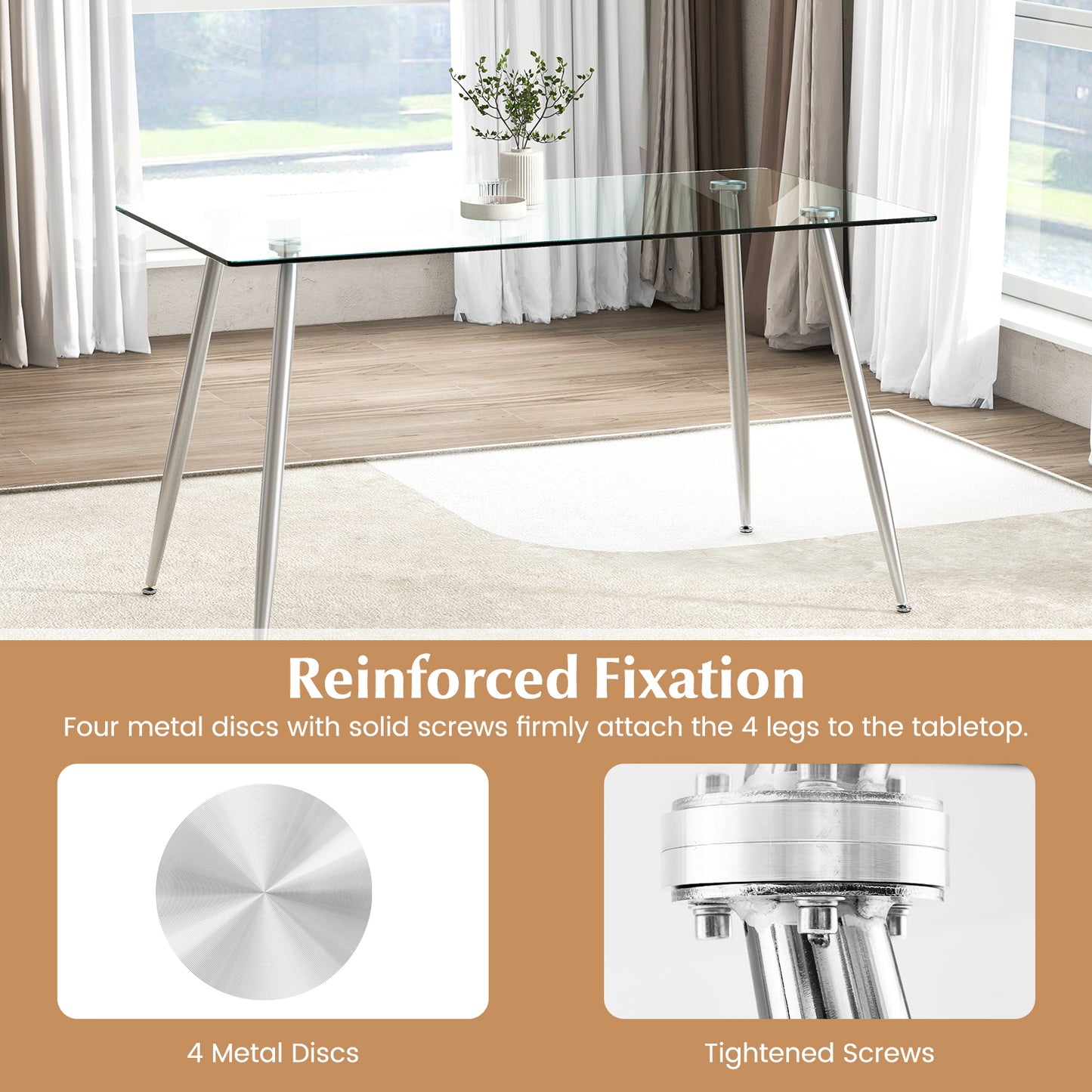Modern Rectangular Glass Dining Table with Metal Legs for Kitchen or Dining Room - Silver