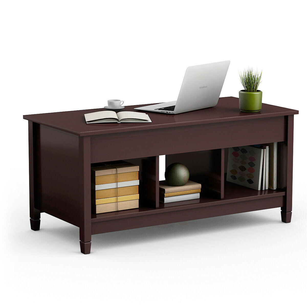 Adjustable Lift Top Coffee Table with Storage Shelves and Hidden Compartment - Coffee