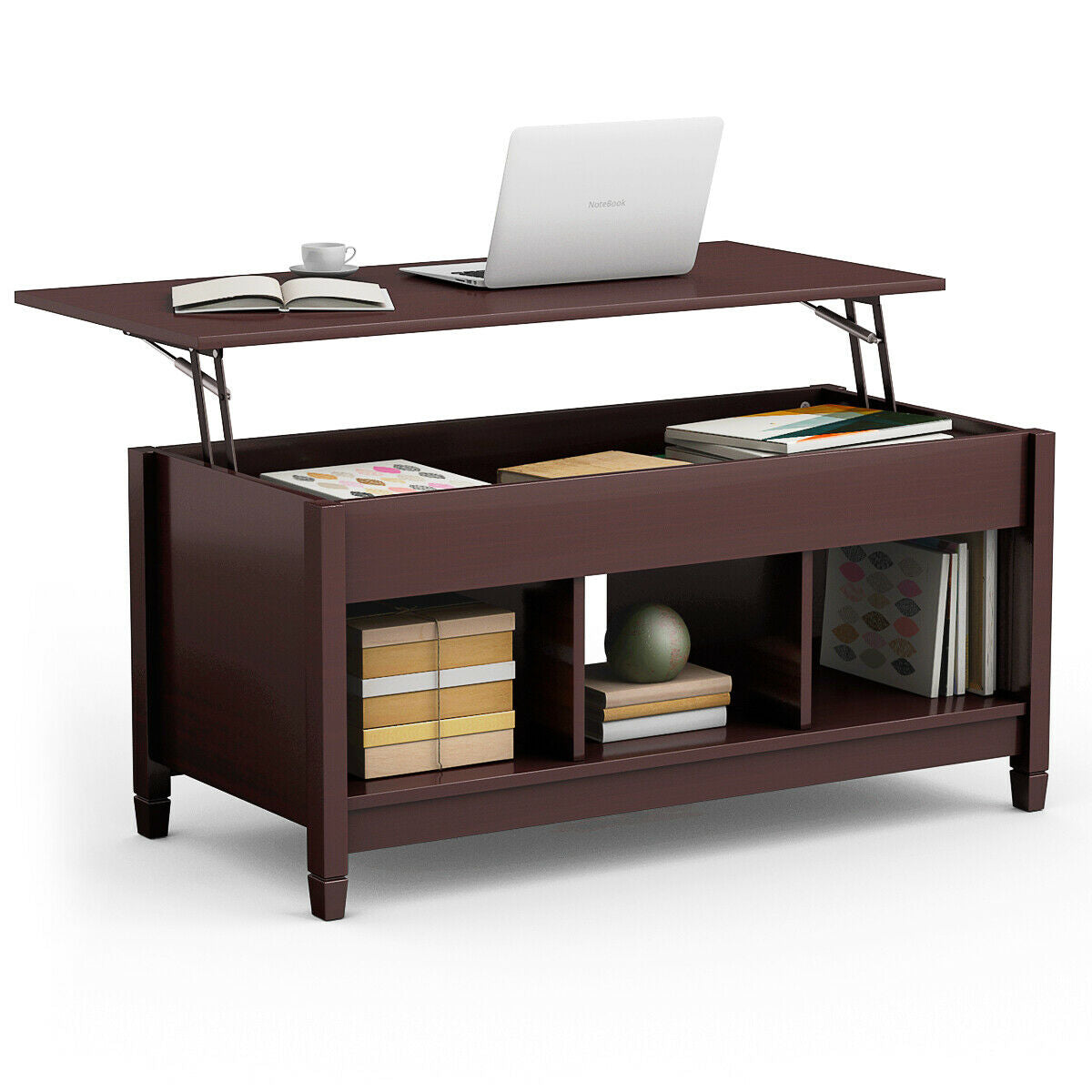 Adjustable Lift Top Coffee Table with Storage Shelves and Hidden Compartment - Coffee
