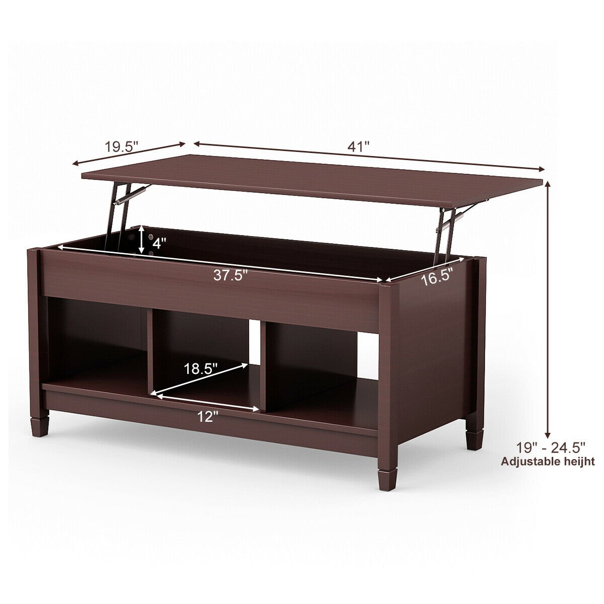 Adjustable Lift Top Coffee Table with Storage Shelves and Hidden Compartment - Coffee