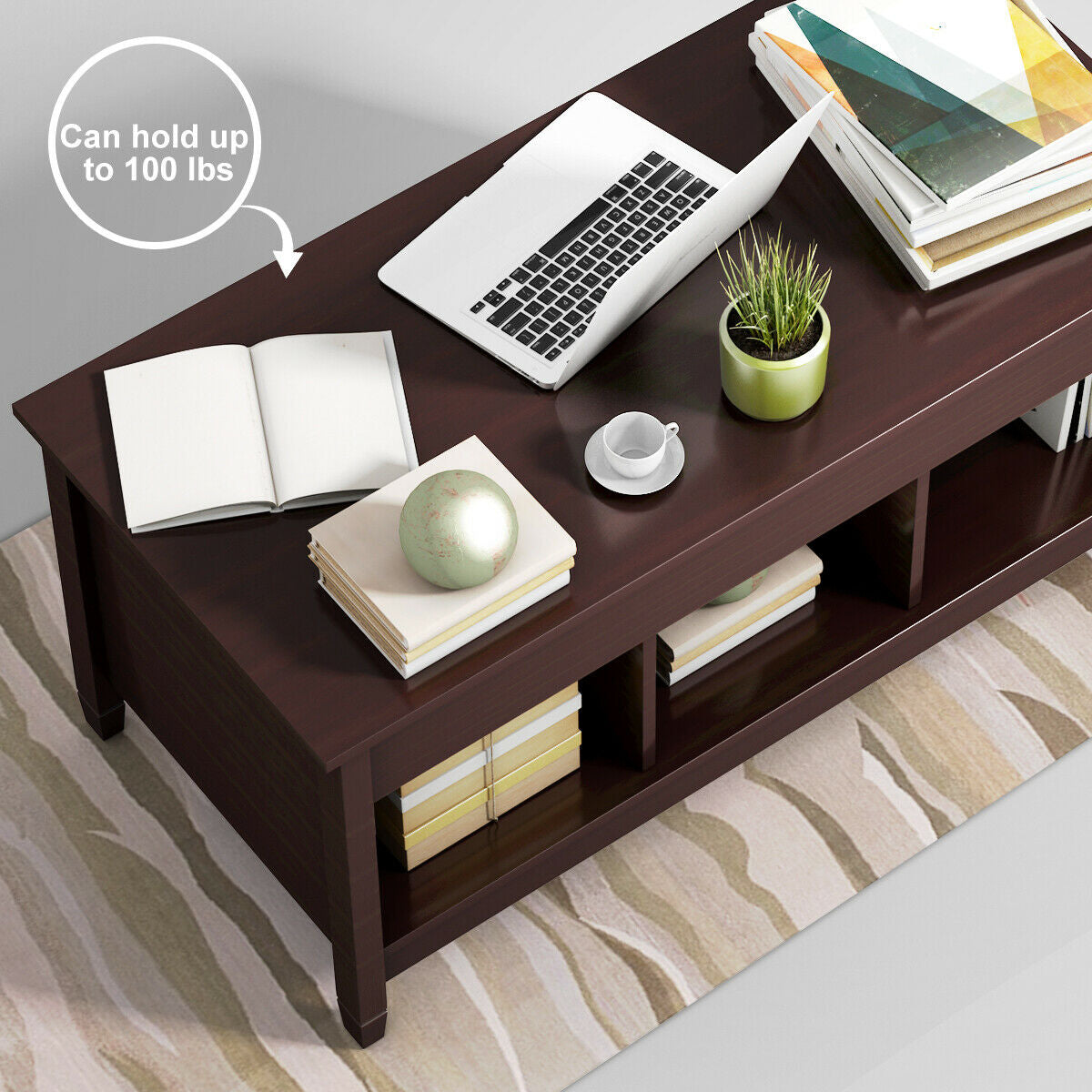 Adjustable Lift Top Coffee Table with Storage Shelves and Hidden Compartment - Coffee