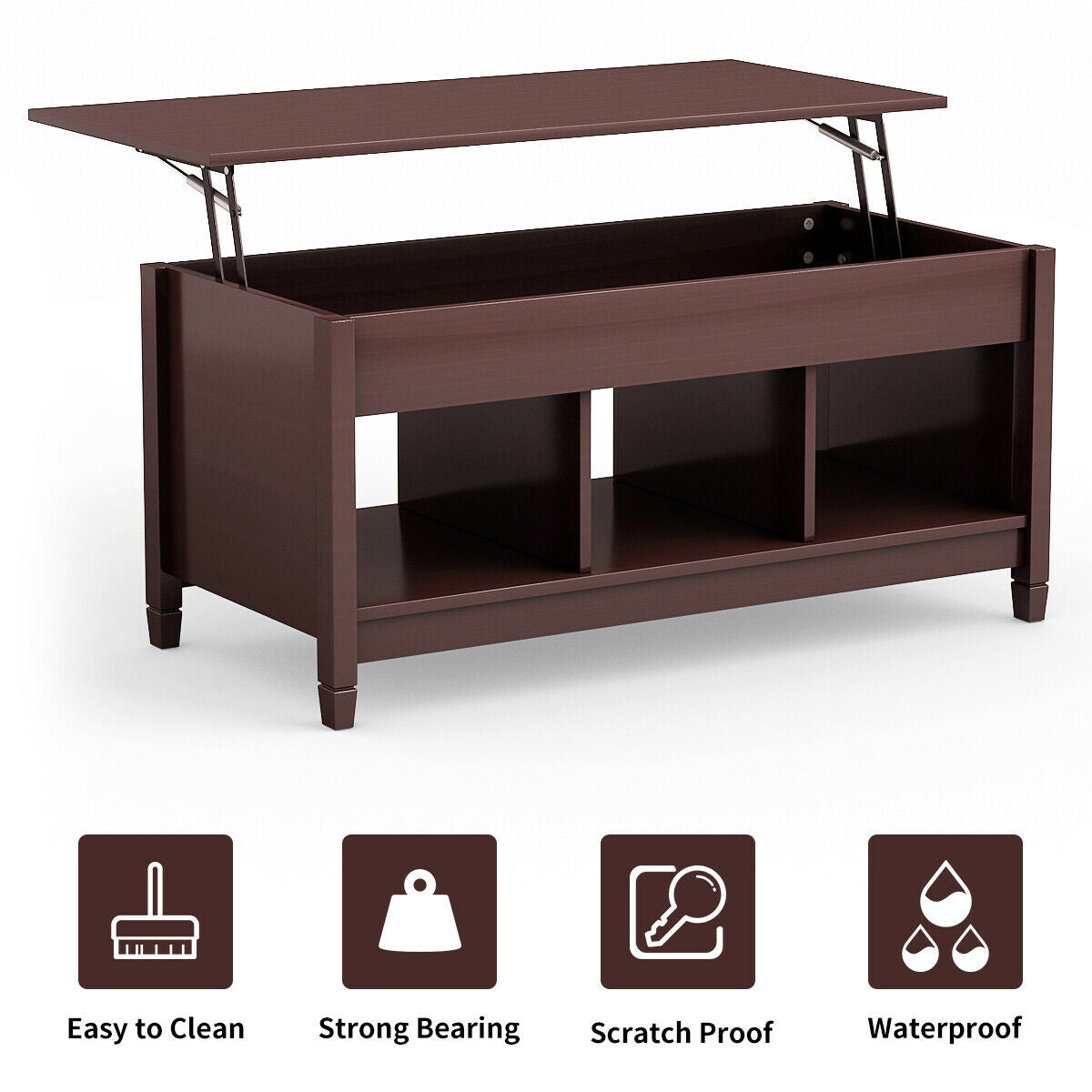Adjustable Lift Top Coffee Table with Storage Shelves and Hidden Compartment - Coffee