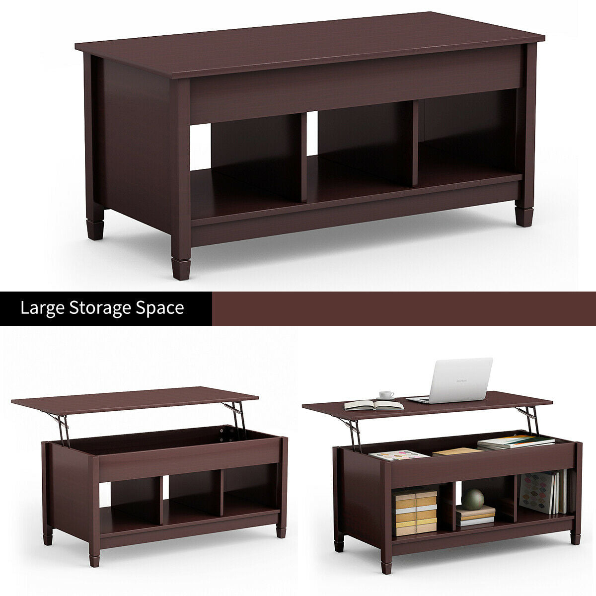 Adjustable Lift Top Coffee Table with Storage Shelves and Hidden Compartment - Coffee