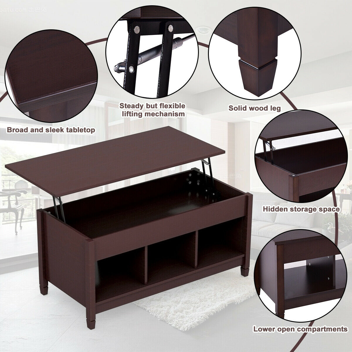 Adjustable Lift Top Coffee Table with Storage Shelves and Hidden Compartment - Coffee