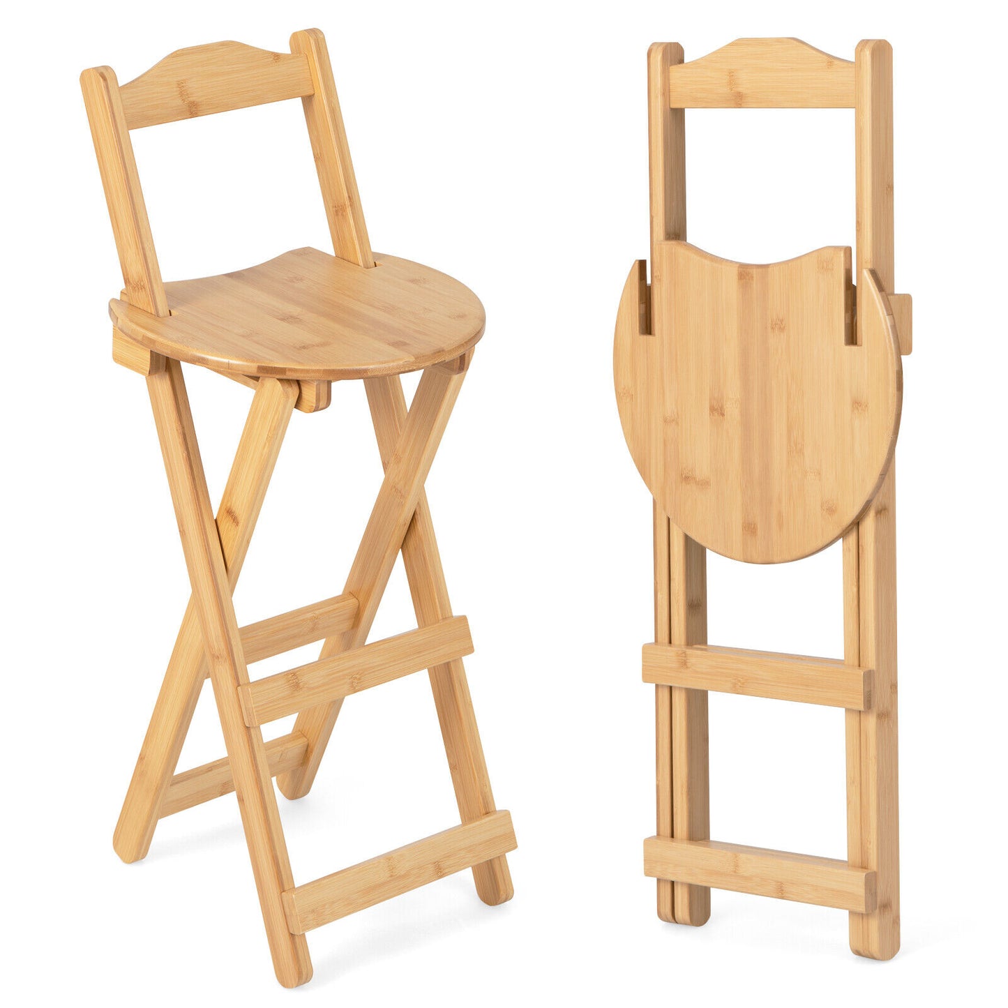 Natural Bamboo Folding Bar Stools Set of 2 with Backrests Footrests and Built-in Handles 24 Inch