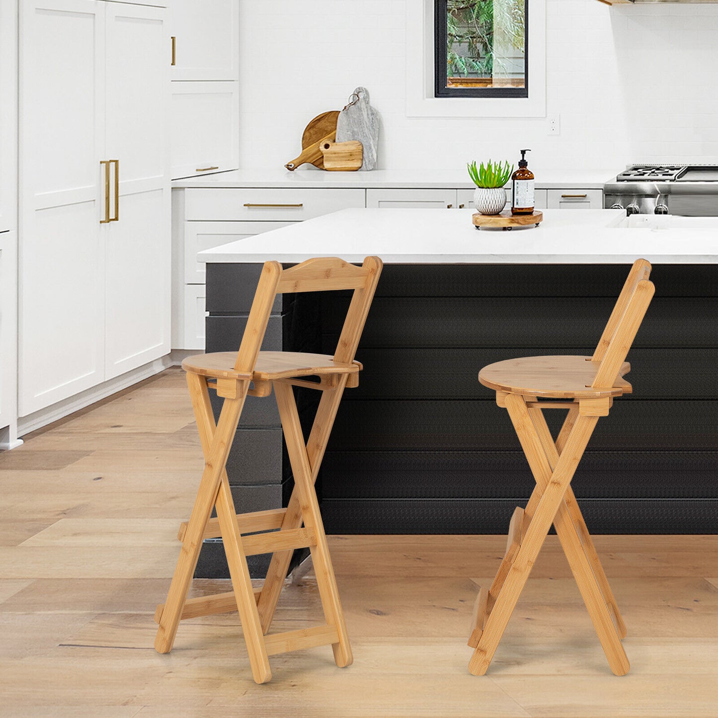 Natural Bamboo Folding Bar Stools Set of 2 with Backrests Footrests and Built-in Handles 24 Inch