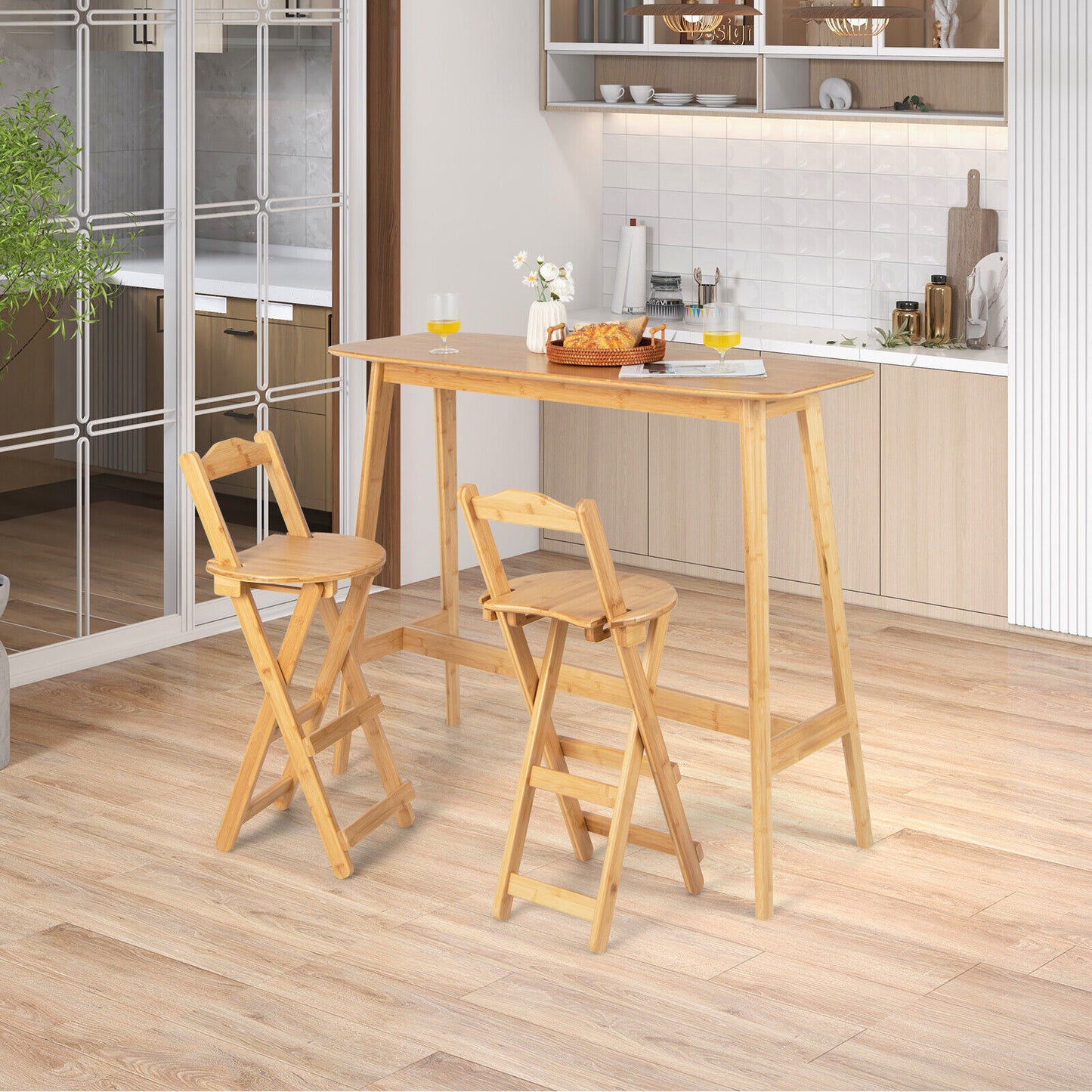 Natural Bamboo Folding Bar Stools Set of 2 with Backrests Footrests and Built-in Handles 24 Inch