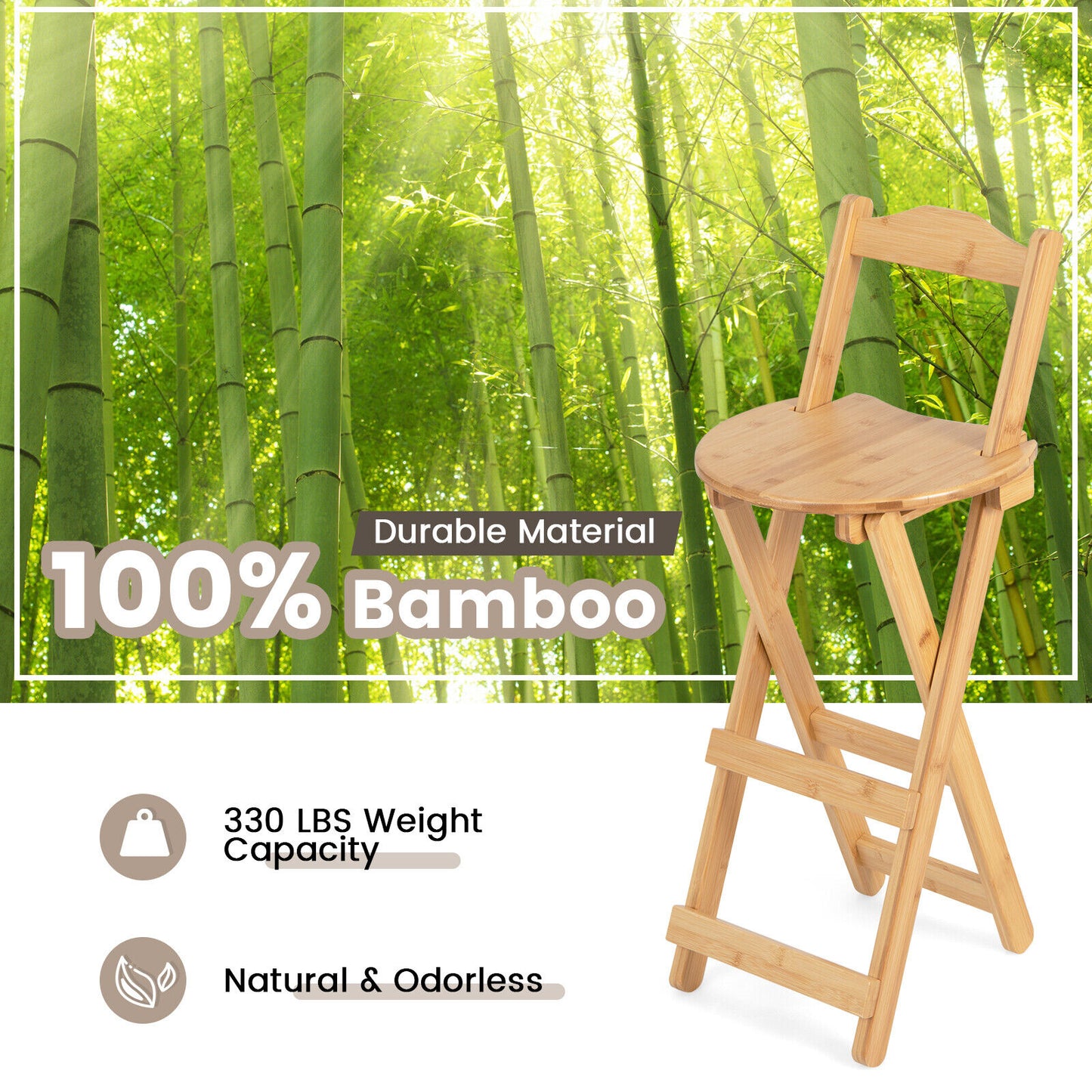 Natural Bamboo Folding Bar Stools Set of 2 with Backrests Footrests and Built-in Handles 24 Inch