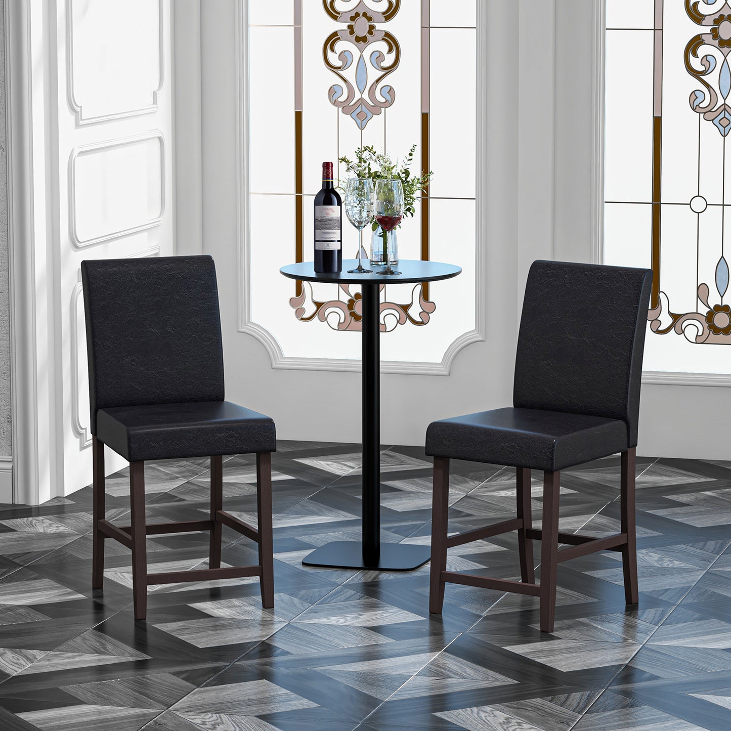 Set of 2 Upholstered 25 Inch Counter Height Bar Stools with Wood Legs - Black