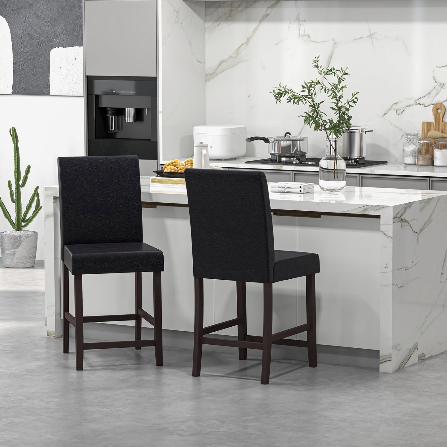 Set of 2 Upholstered 25 Inch Counter Height Bar Stools with Wood Legs - Black