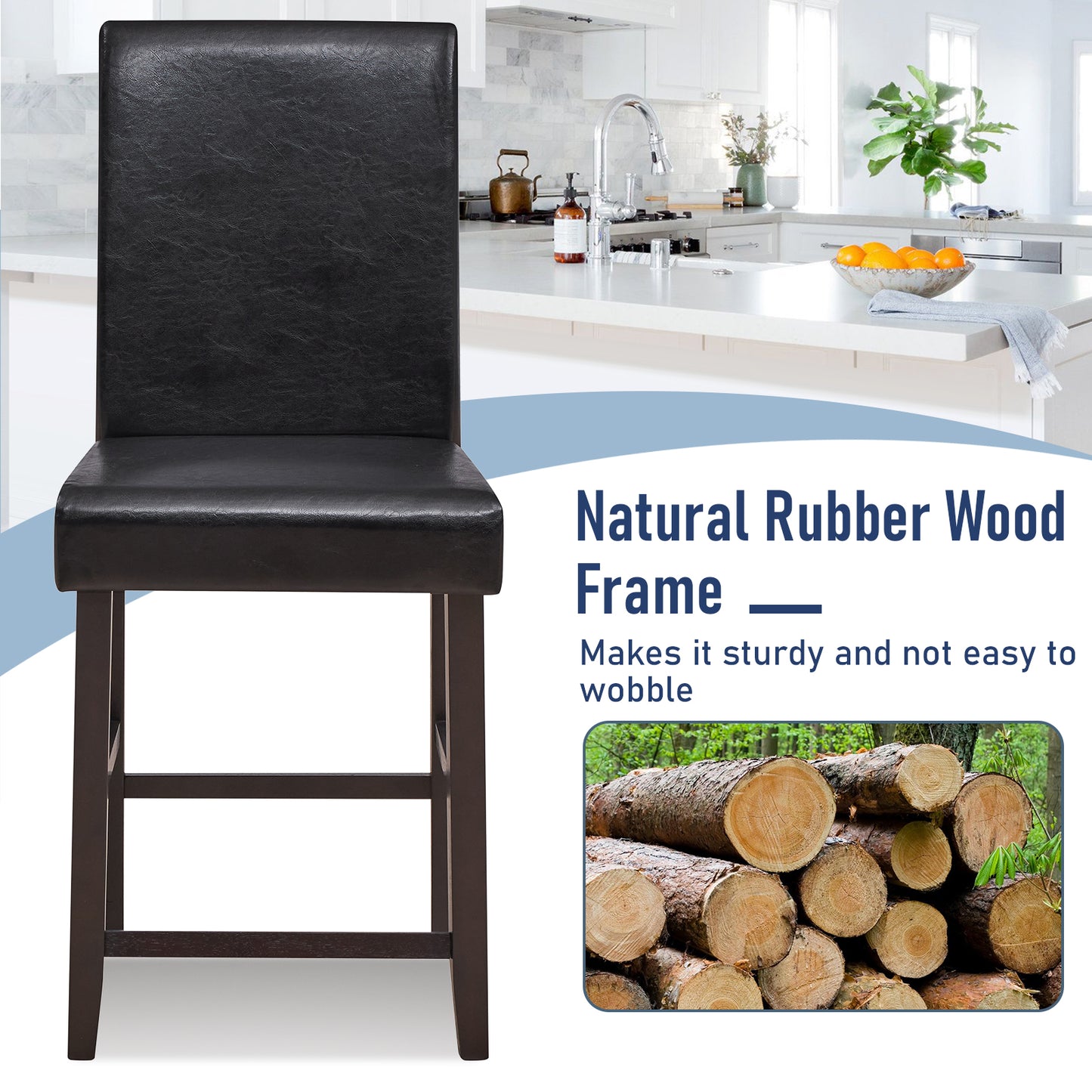 Set of 2 Upholstered 25 Inch Counter Height Bar Stools with Wood Legs - Black
