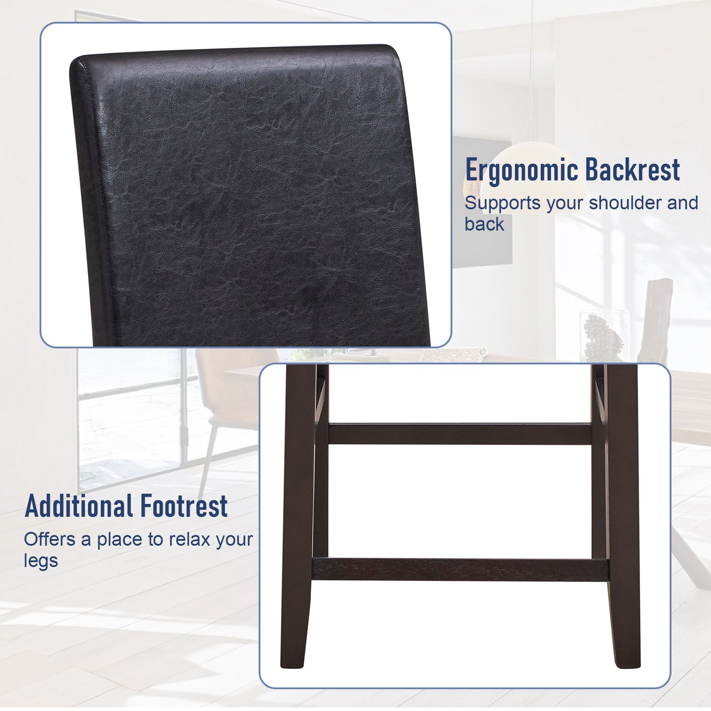 Set of 2 Upholstered 25 Inch Counter Height Bar Stools with Wood Legs - Black