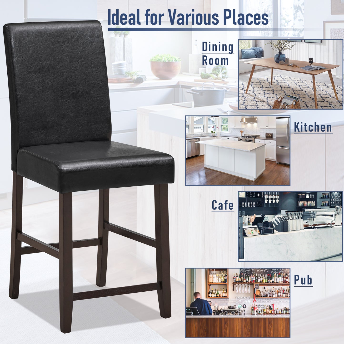 Set of 2 Upholstered 25 Inch Counter Height Bar Stools with Wood Legs - Black
