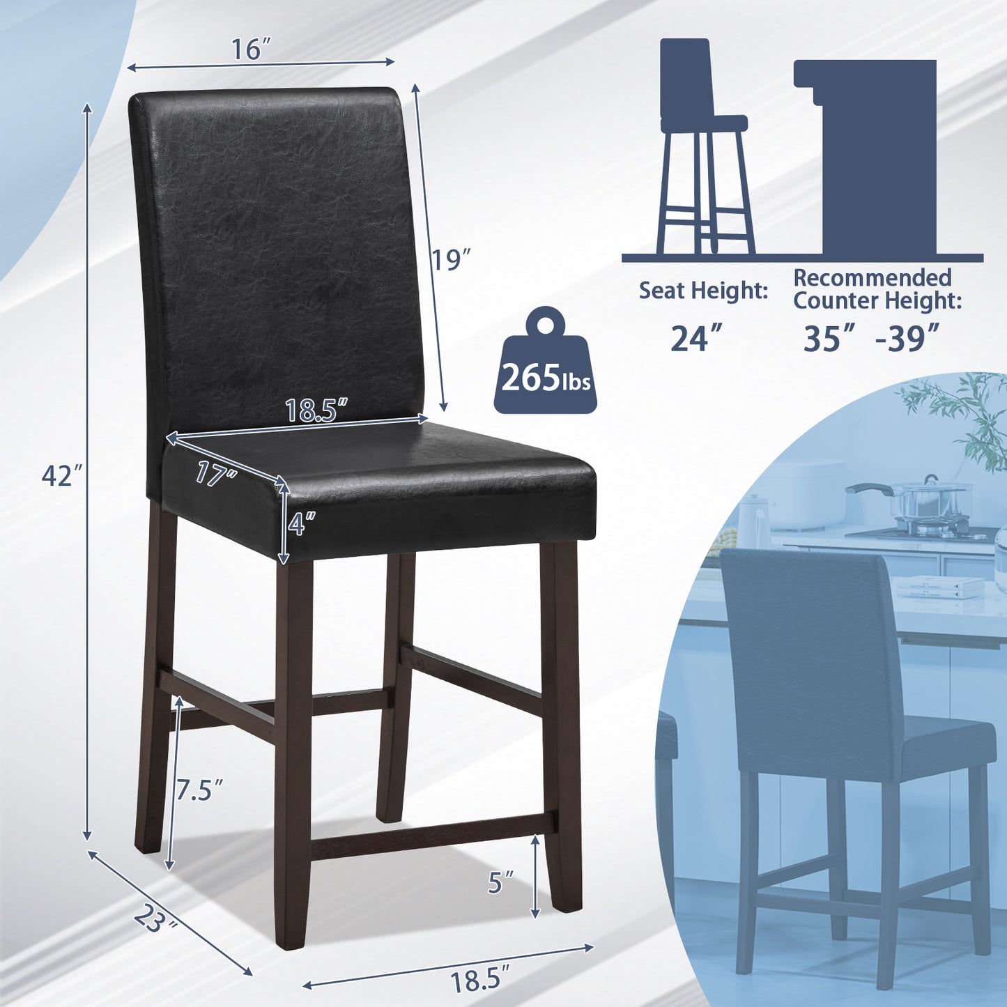 Set of 2 Upholstered 25 Inch Counter Height Bar Stools with Wood Legs - Black