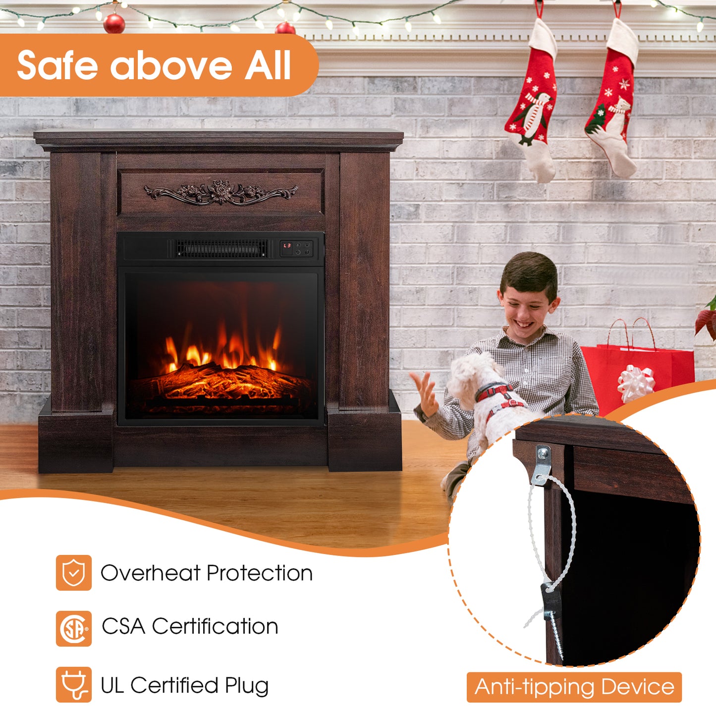 1400W Electric Fireplace Mantel TV Stand with Remote Control