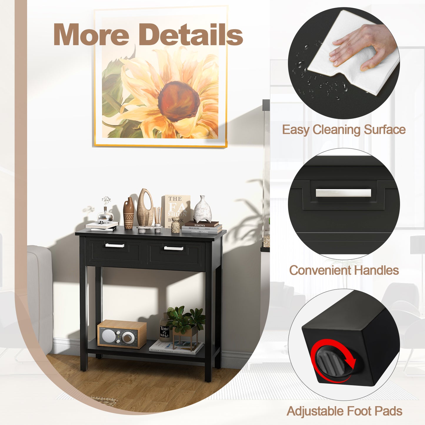 Slim Console Table with Drawers and Open Storage Shelf for Entryway or Living Room - Black