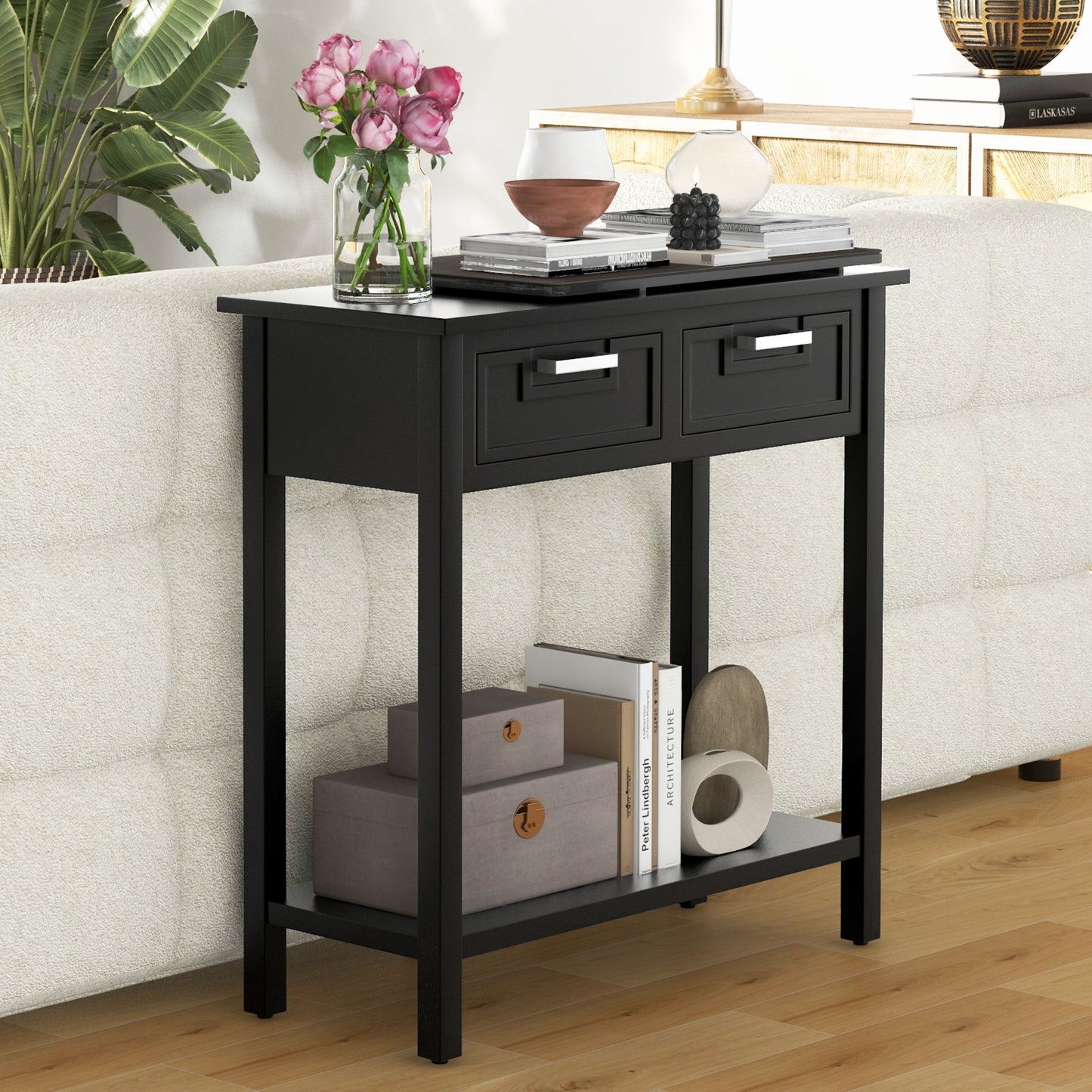 Slim Console Table with Drawers and Open Storage Shelf for Entryway or Living Room - Black
