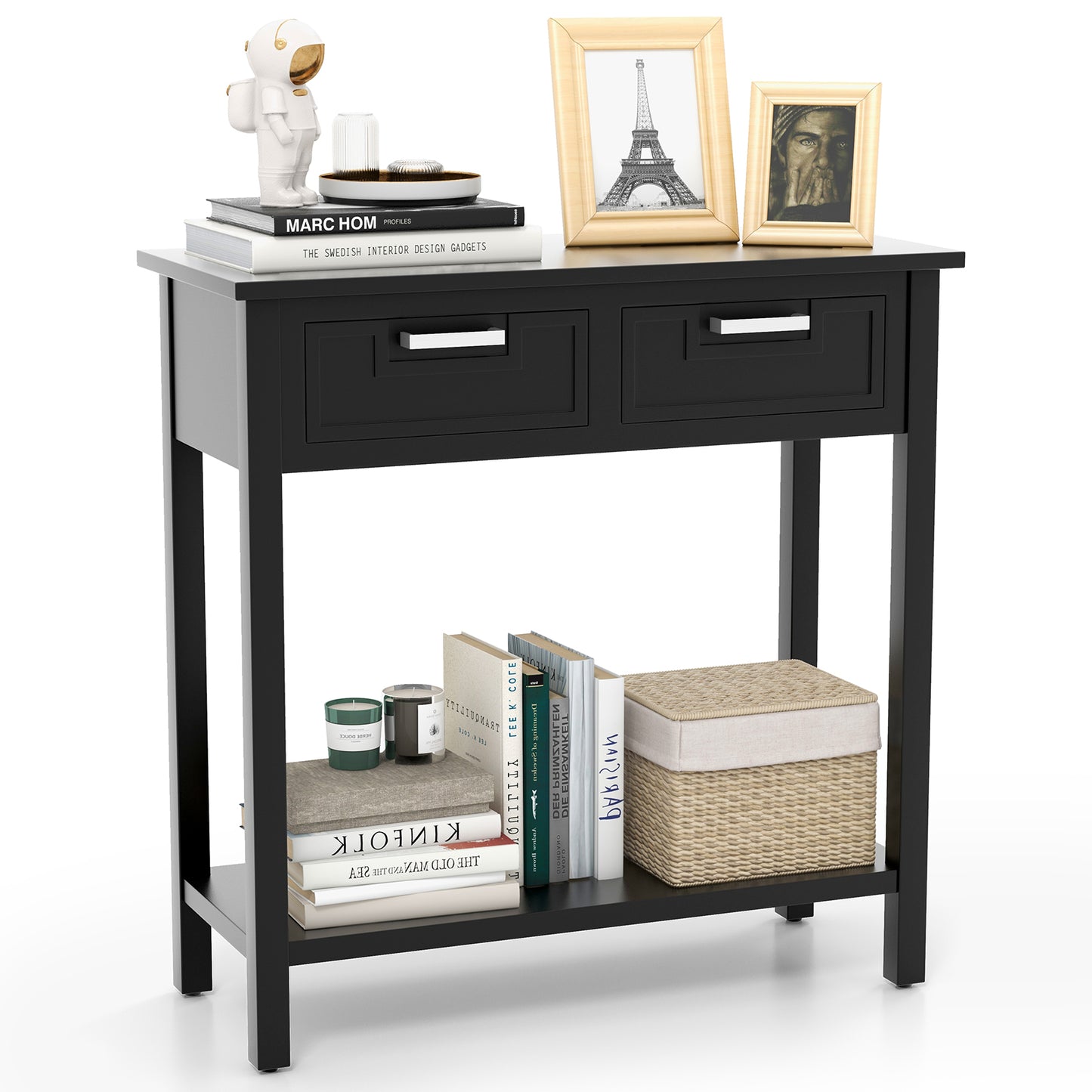 Slim Console Table with Drawers and Open Storage Shelf for Entryway or Living Room - Black