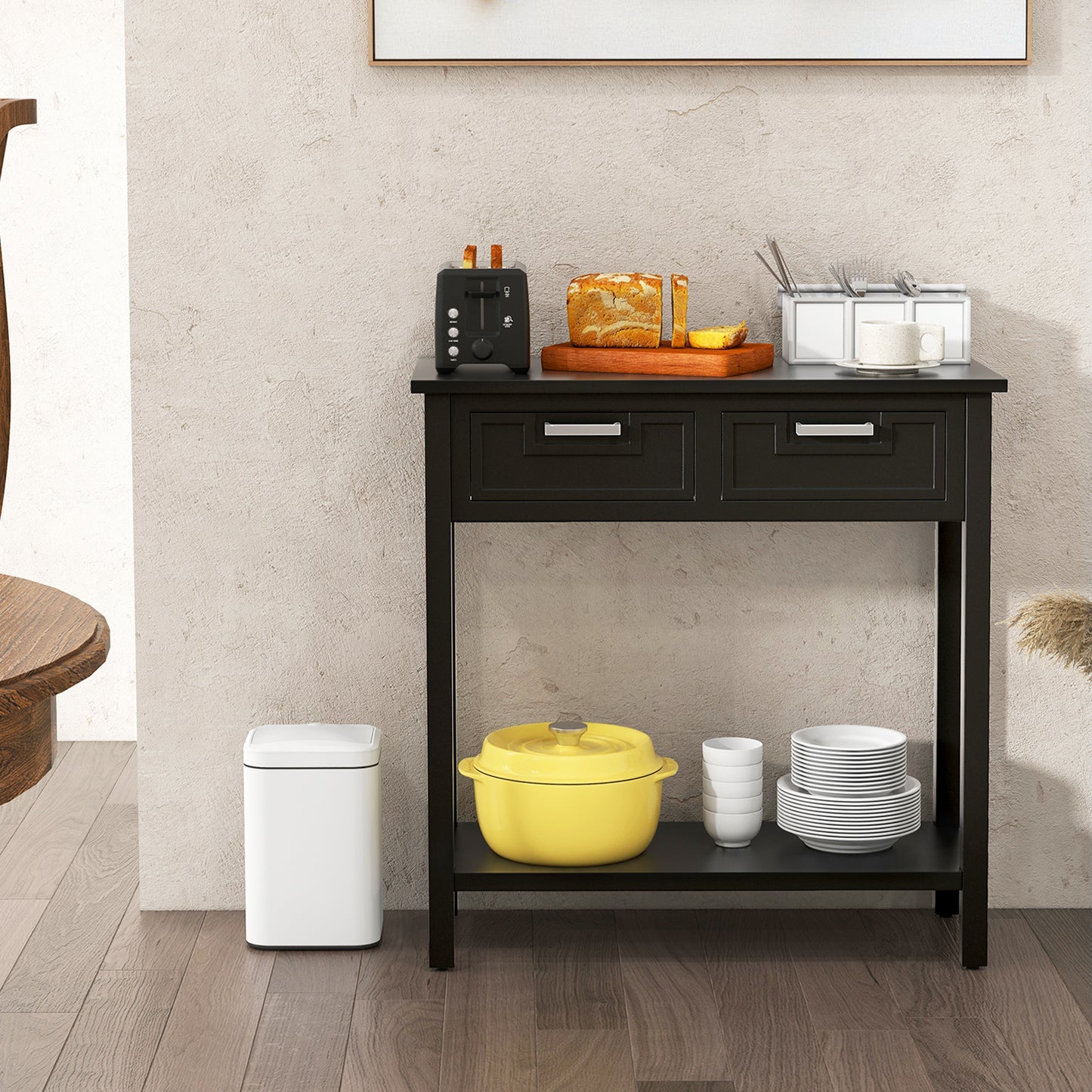 Slim Console Table with Drawers and Open Storage Shelf for Entryway or Living Room - Black