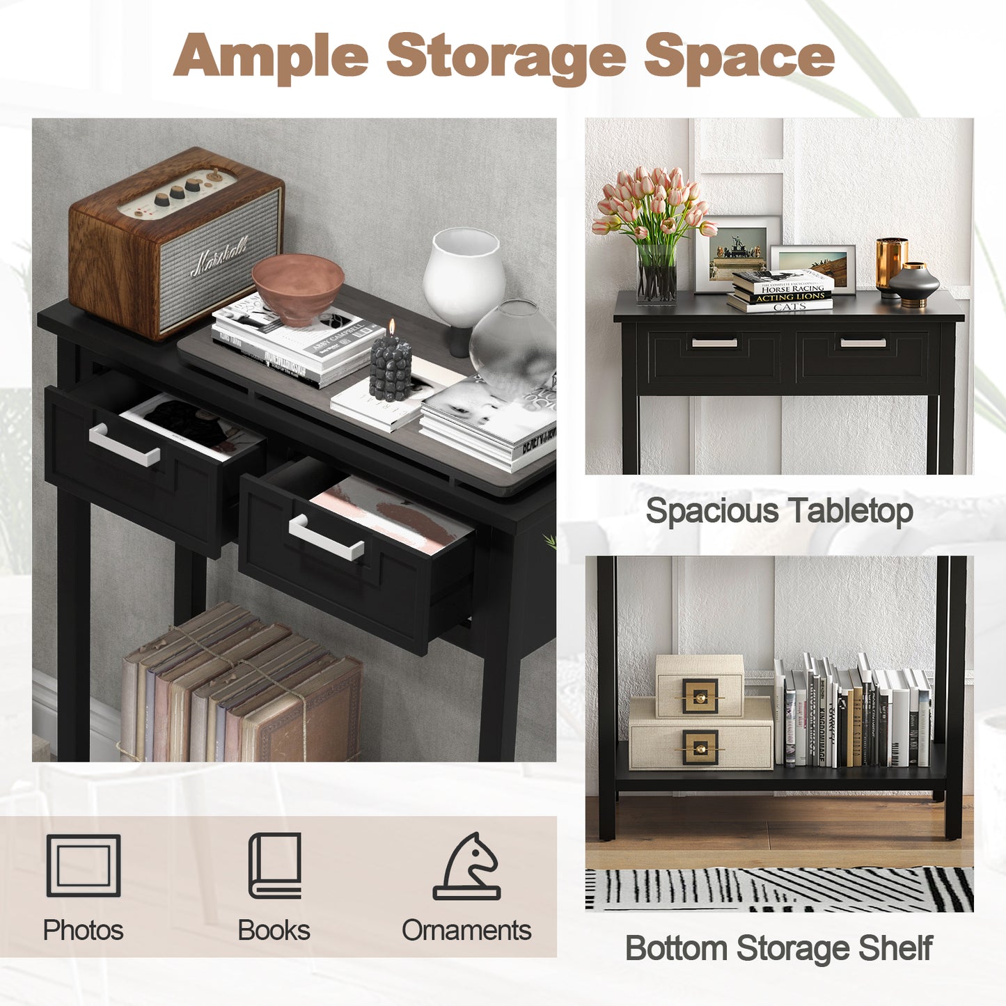Slim Console Table with Drawers and Open Storage Shelf for Entryway or Living Room - Black