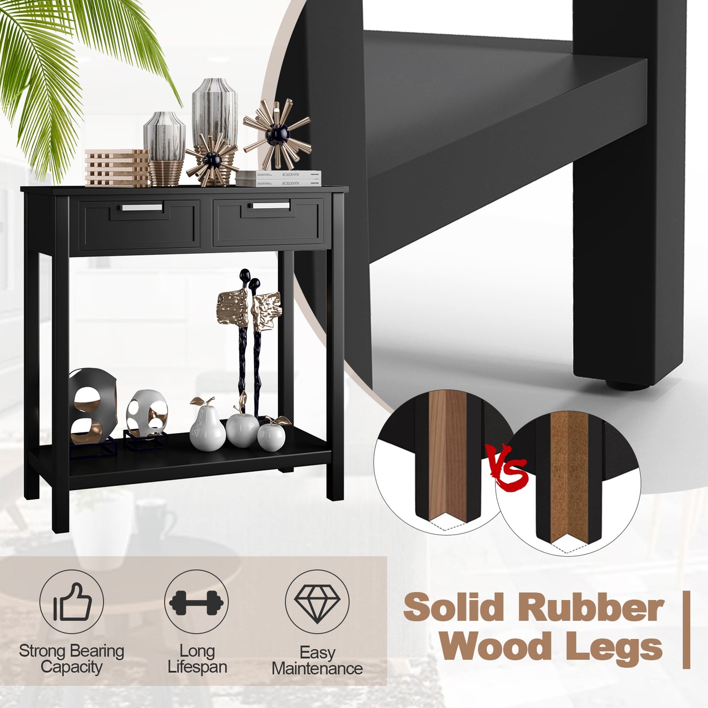 Slim Console Table with Drawers and Open Storage Shelf for Entryway or Living Room - Black