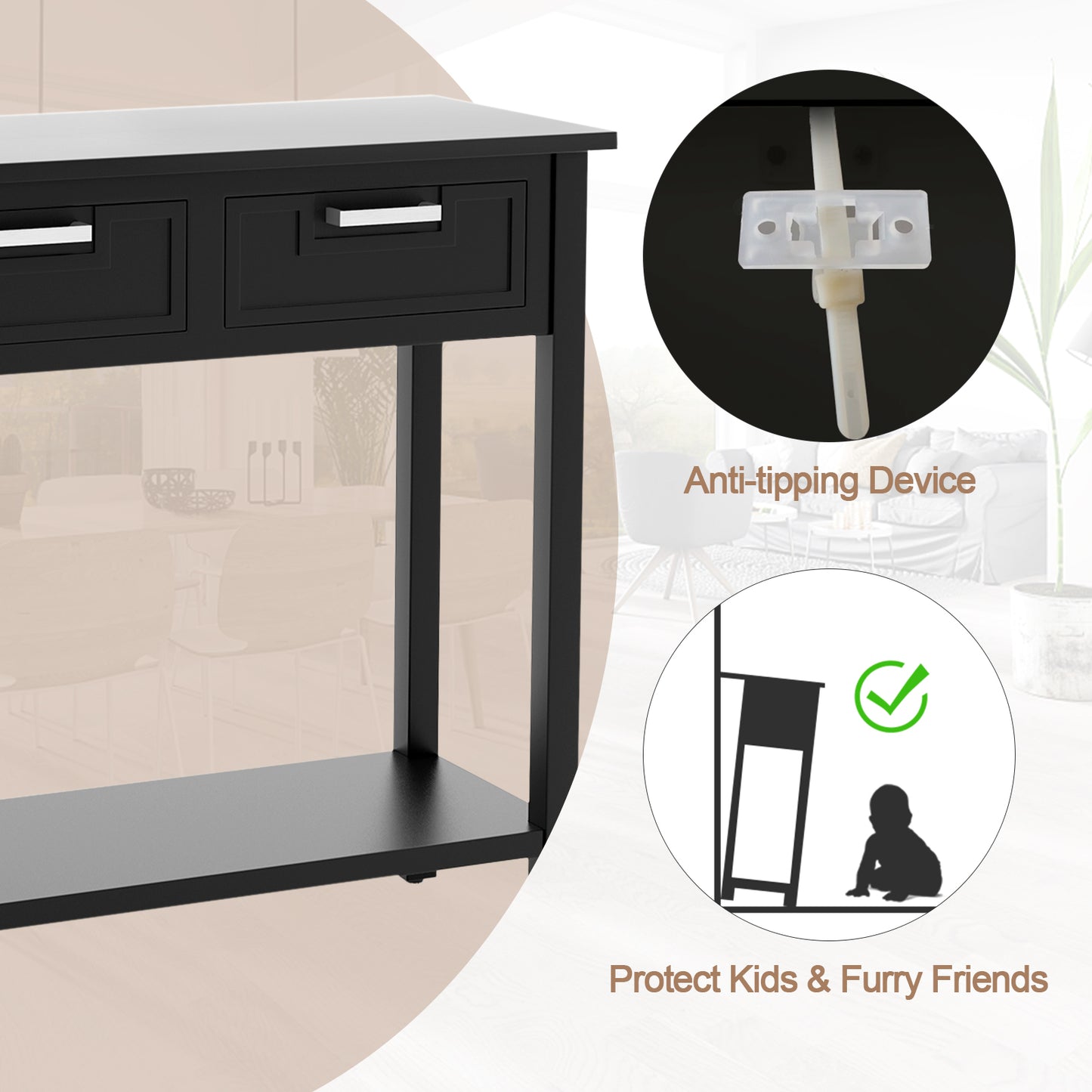 Slim Console Table with Drawers and Open Storage Shelf for Entryway or Living Room - Black