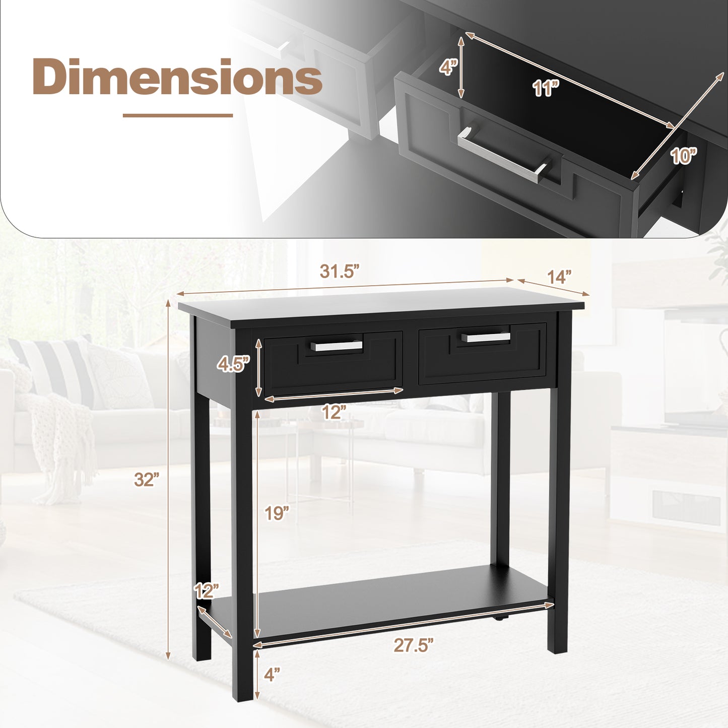 Slim Console Table with Drawers and Open Storage Shelf for Entryway or Living Room - Black