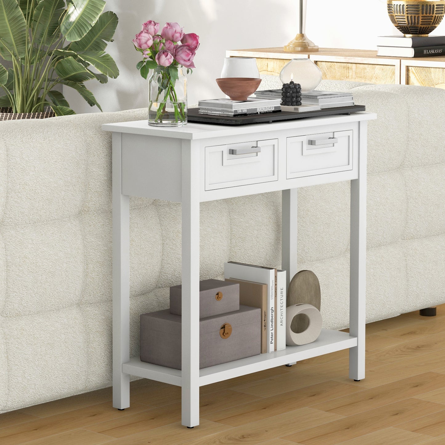 Slim Console Table with Drawers and Open Storage Shelf for Entryway or Living Room - White