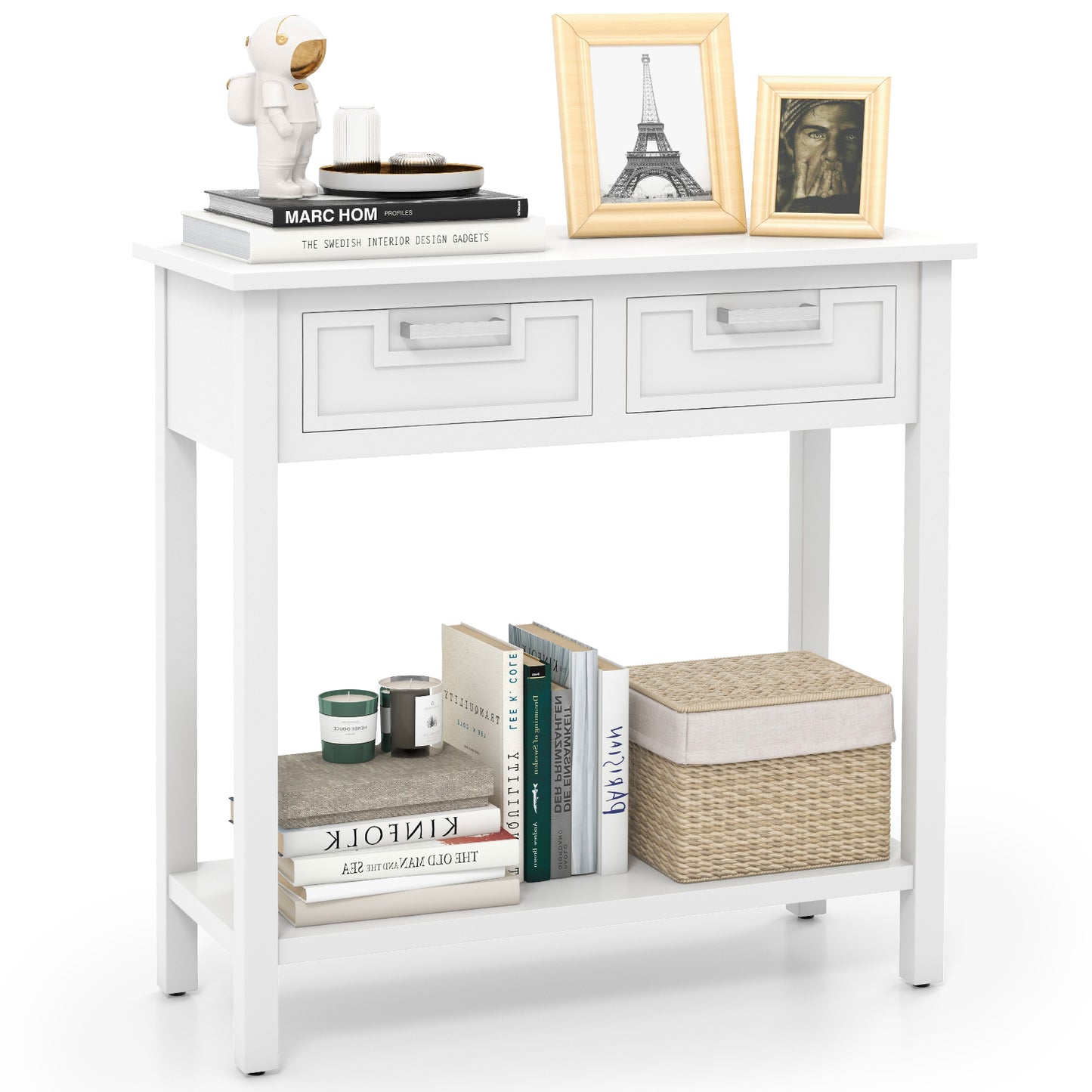 Slim Console Table with Drawers and Open Storage Shelf for Entryway or Living Room - White