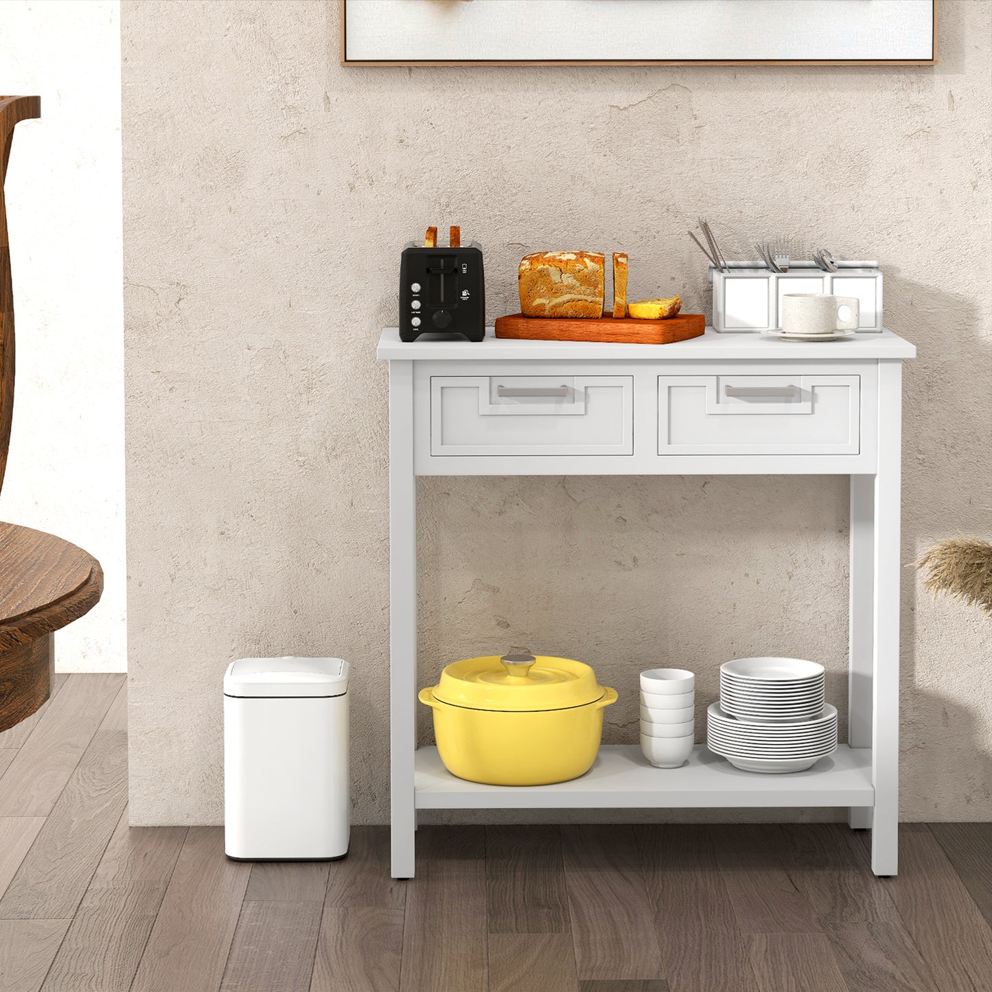 Slim Console Table with Drawers and Open Storage Shelf for Entryway or Living Room - White