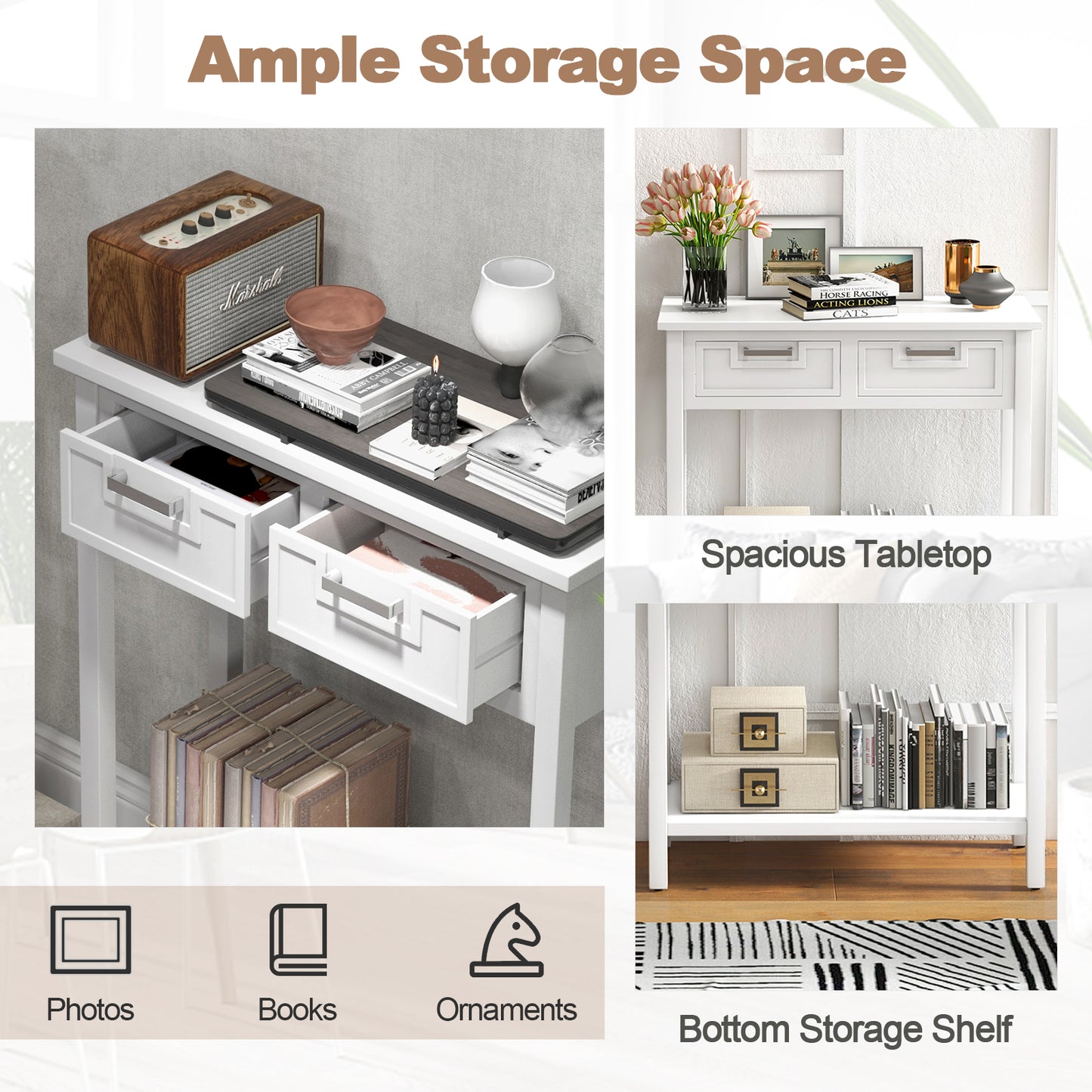 Slim Console Table with Drawers and Open Storage Shelf for Entryway or Living Room - White
