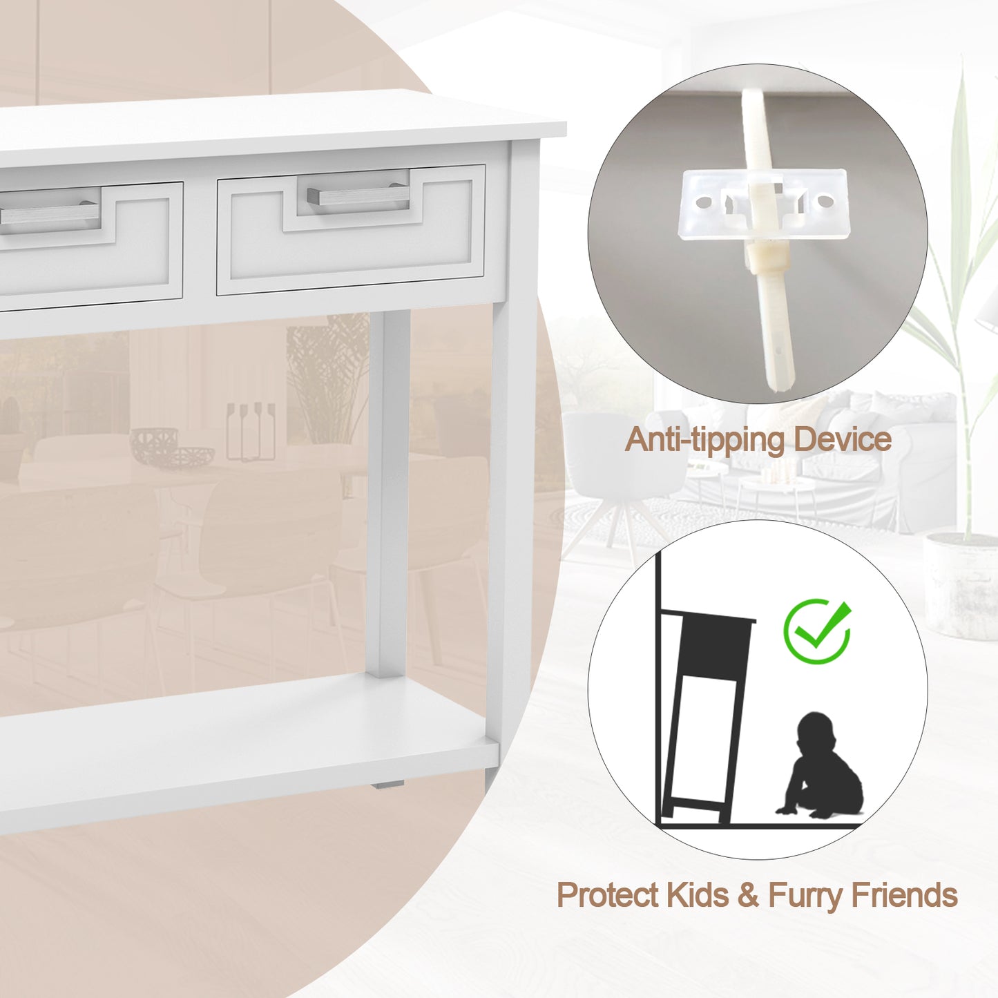 Slim Console Table with Drawers and Open Storage Shelf for Entryway or Living Room - White