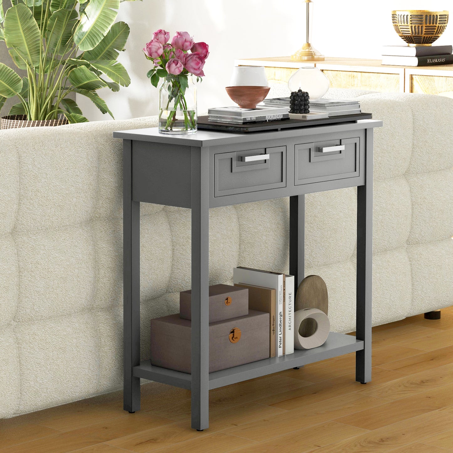 Slim Console Table with Drawers and Open Storage Shelf for Entryway or Living Room - Grey