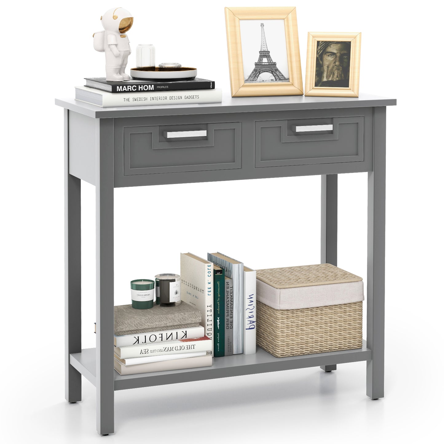 Slim Console Table with Drawers and Open Storage Shelf for Entryway or Living Room - Grey